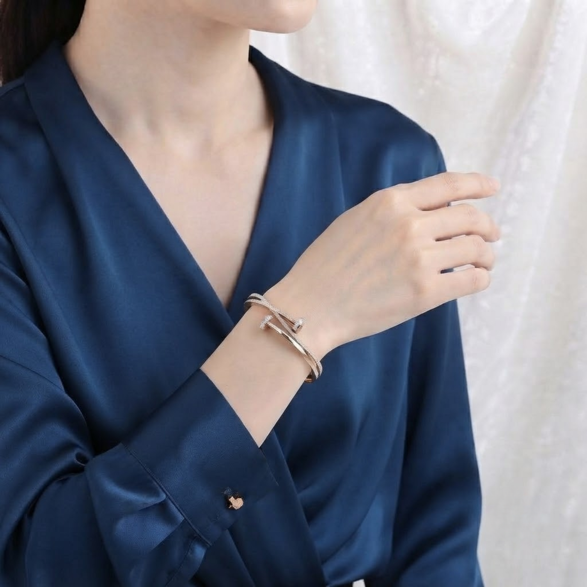 Diamond Crossover Bangle Bracelet, Pave Bypass Bracelet in 14K Solid Gold