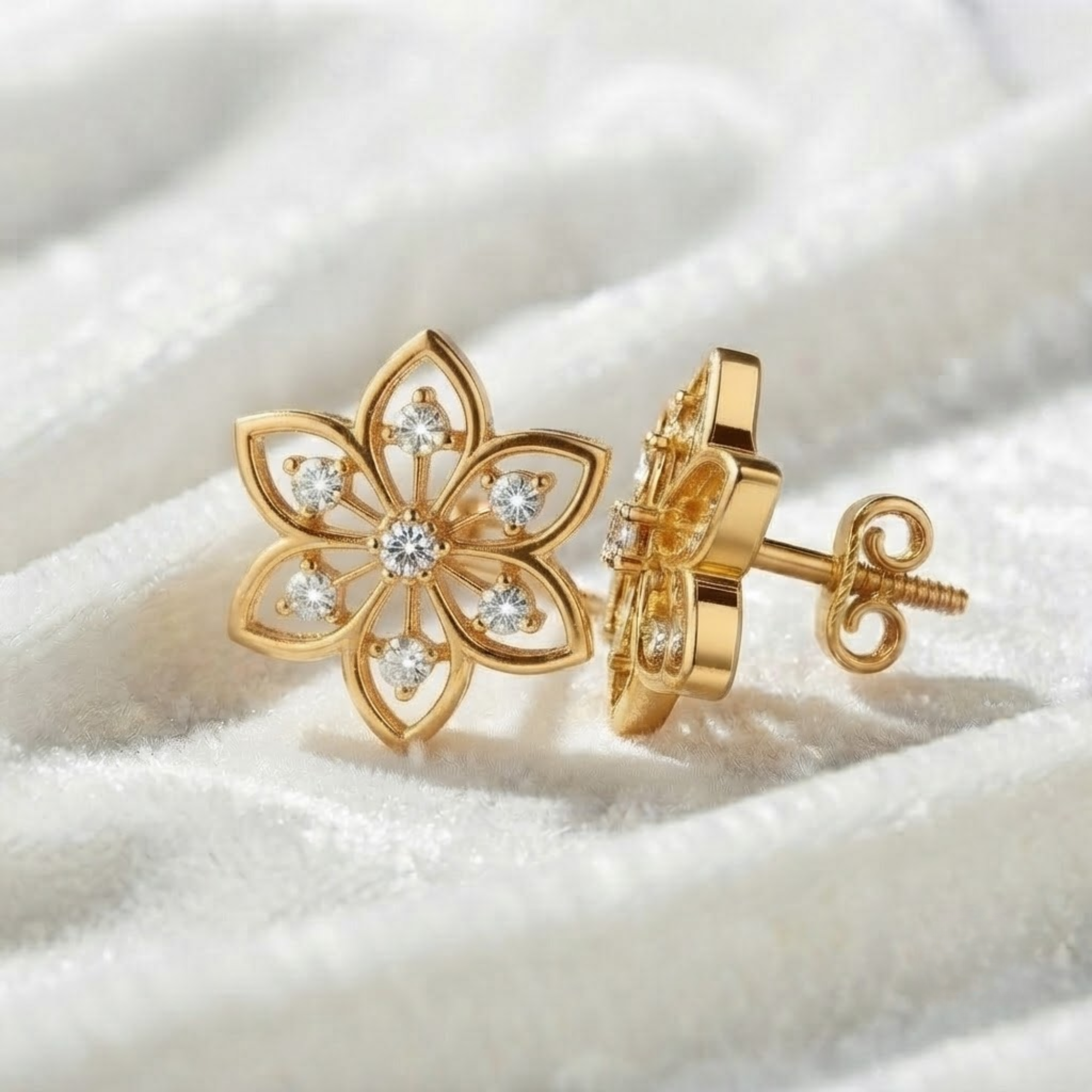 Diamond Flower Stud Earrings, Floral Earrings in 14K Solid Gold