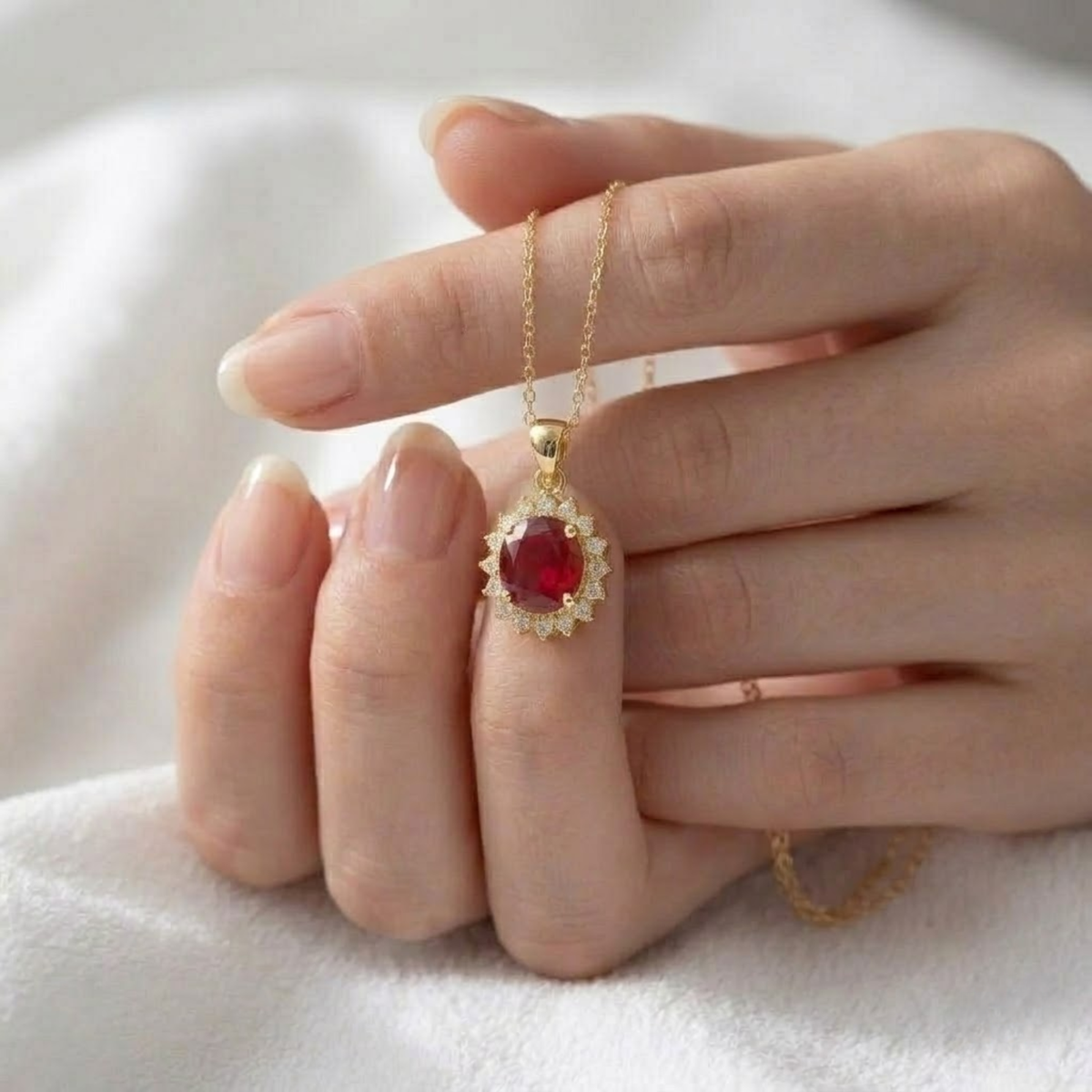 Gold Round Cut Ruby Necklace