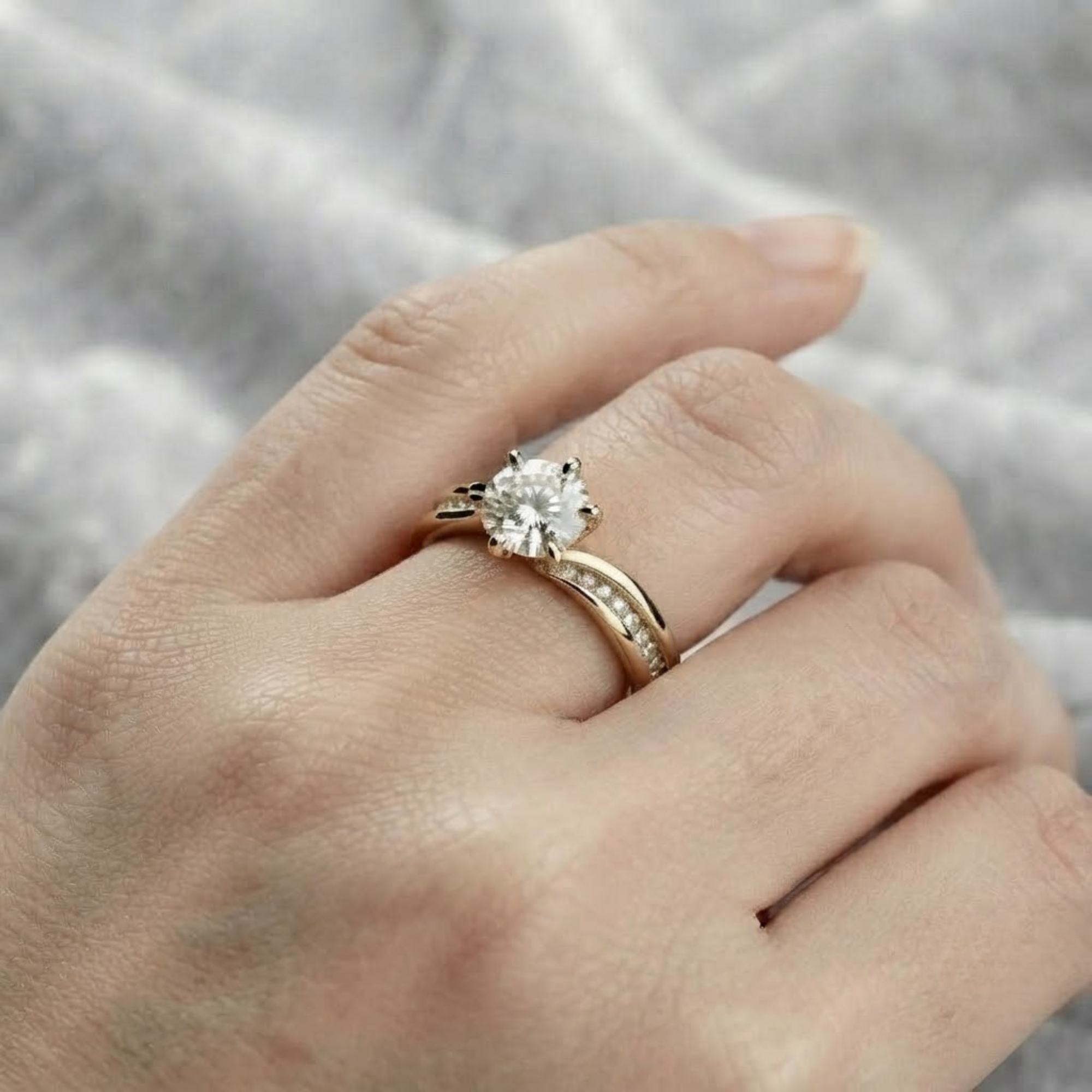 1 CT Round Diamond Engagement Ring, Twist Pave Ring in 14K Solid Gold