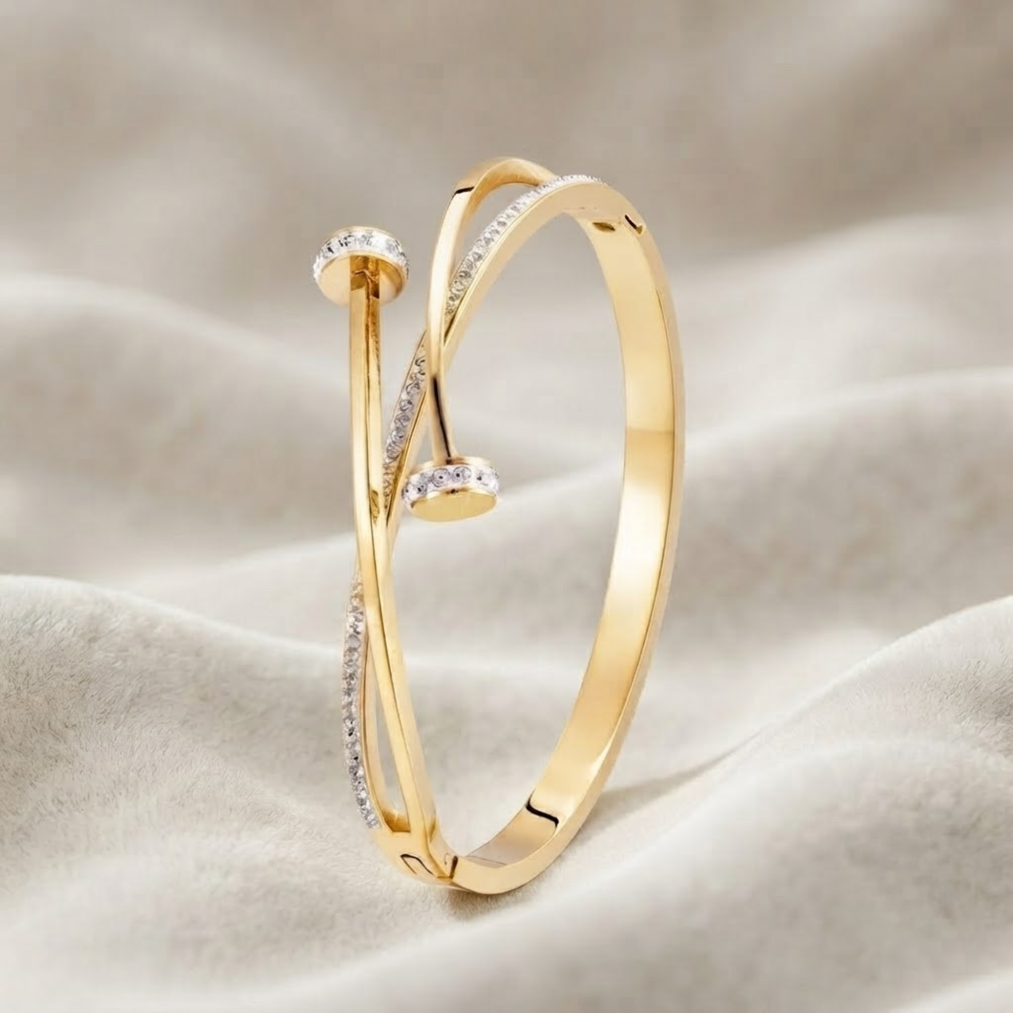 Diamond Crossover Bangle Bracelet, Pave Bypass Bracelet in 14K Solid Gold