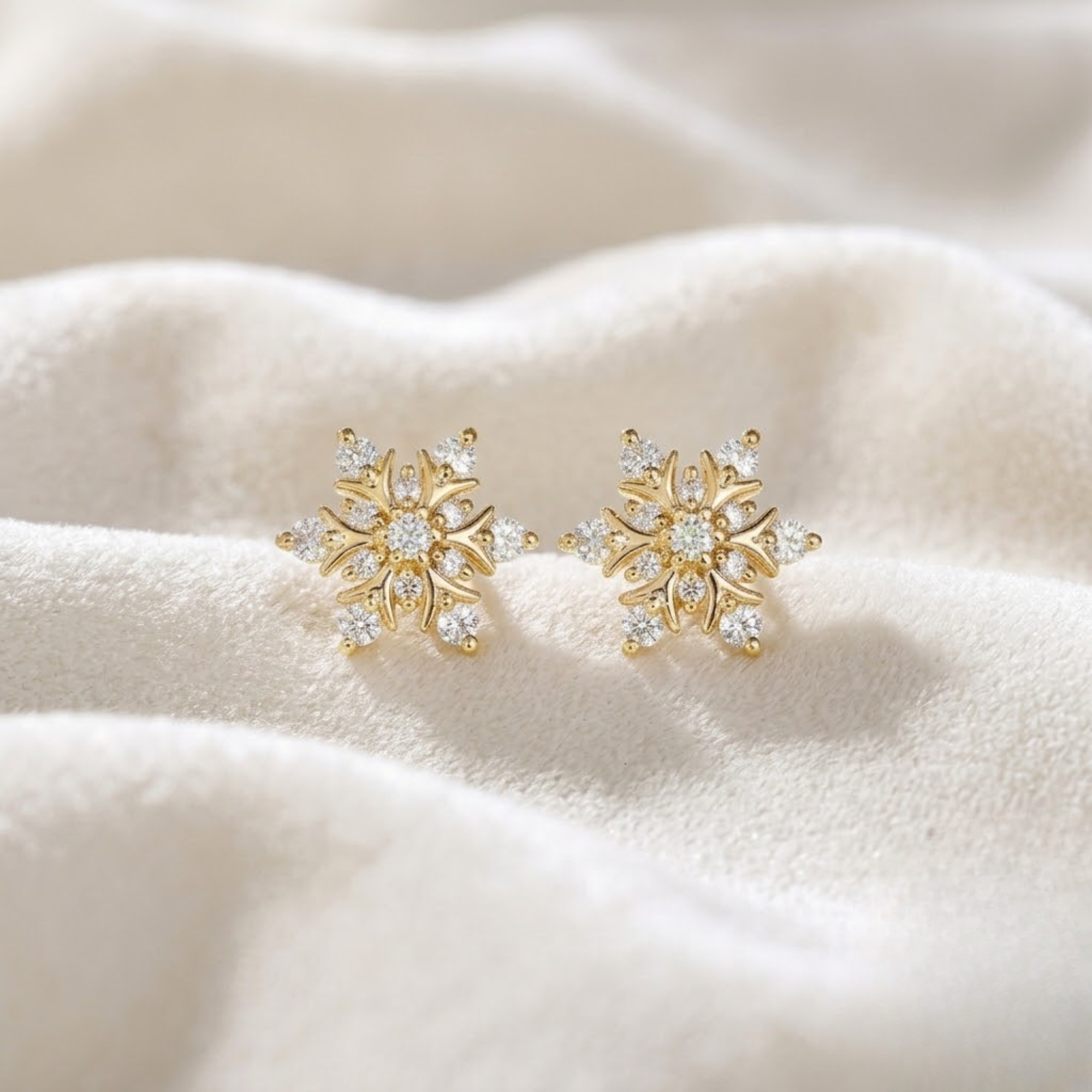 Diamond Flower Stud Earrings, 14K Solid Gold Starburst Earrings