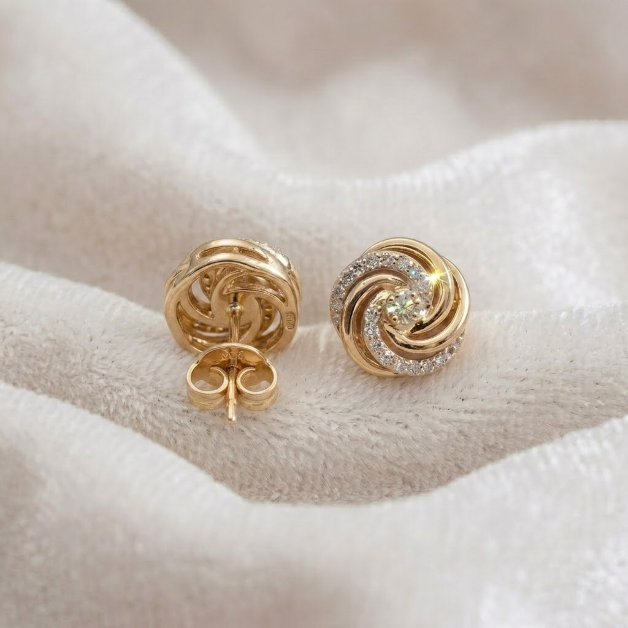Diamond Swirl Stud Earrings, 14K Solid Gold Pinwheel Earrings