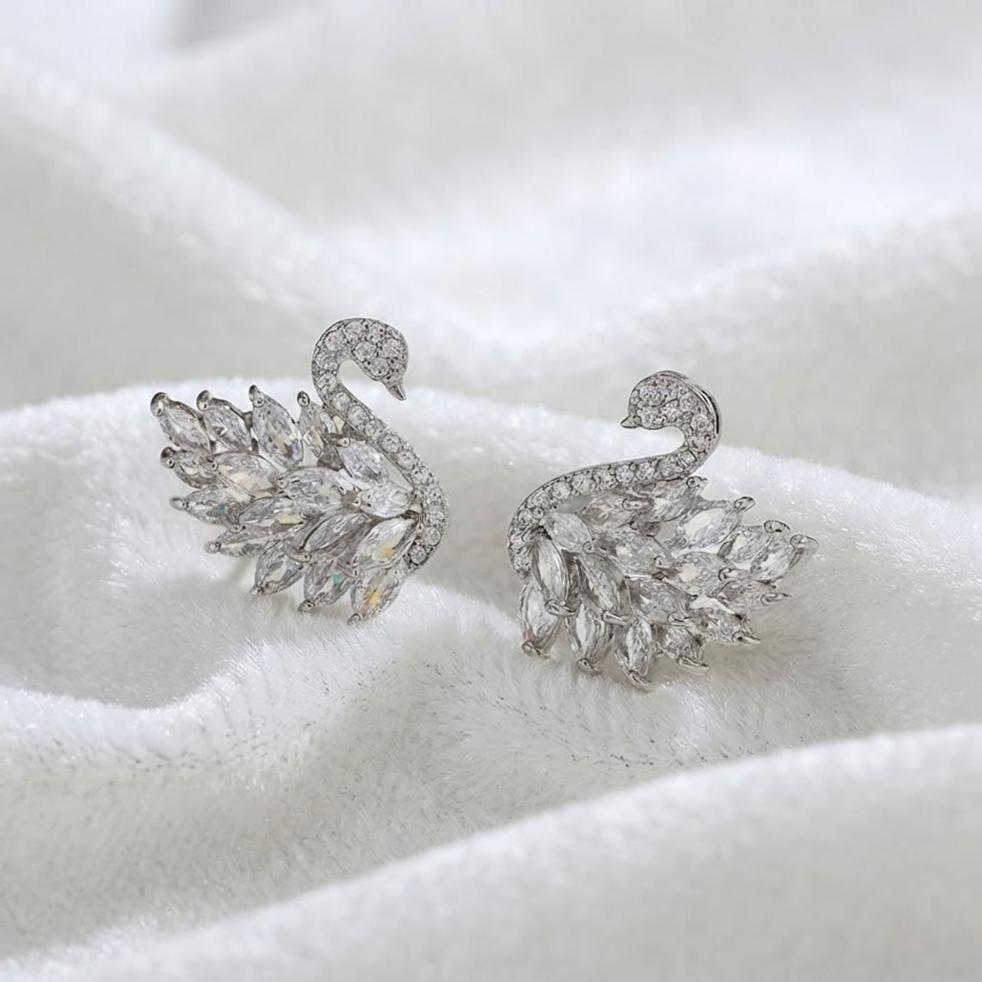 Marquise Diamond Swan Stud Earrings, 14K Solid Gold Statement Earrings