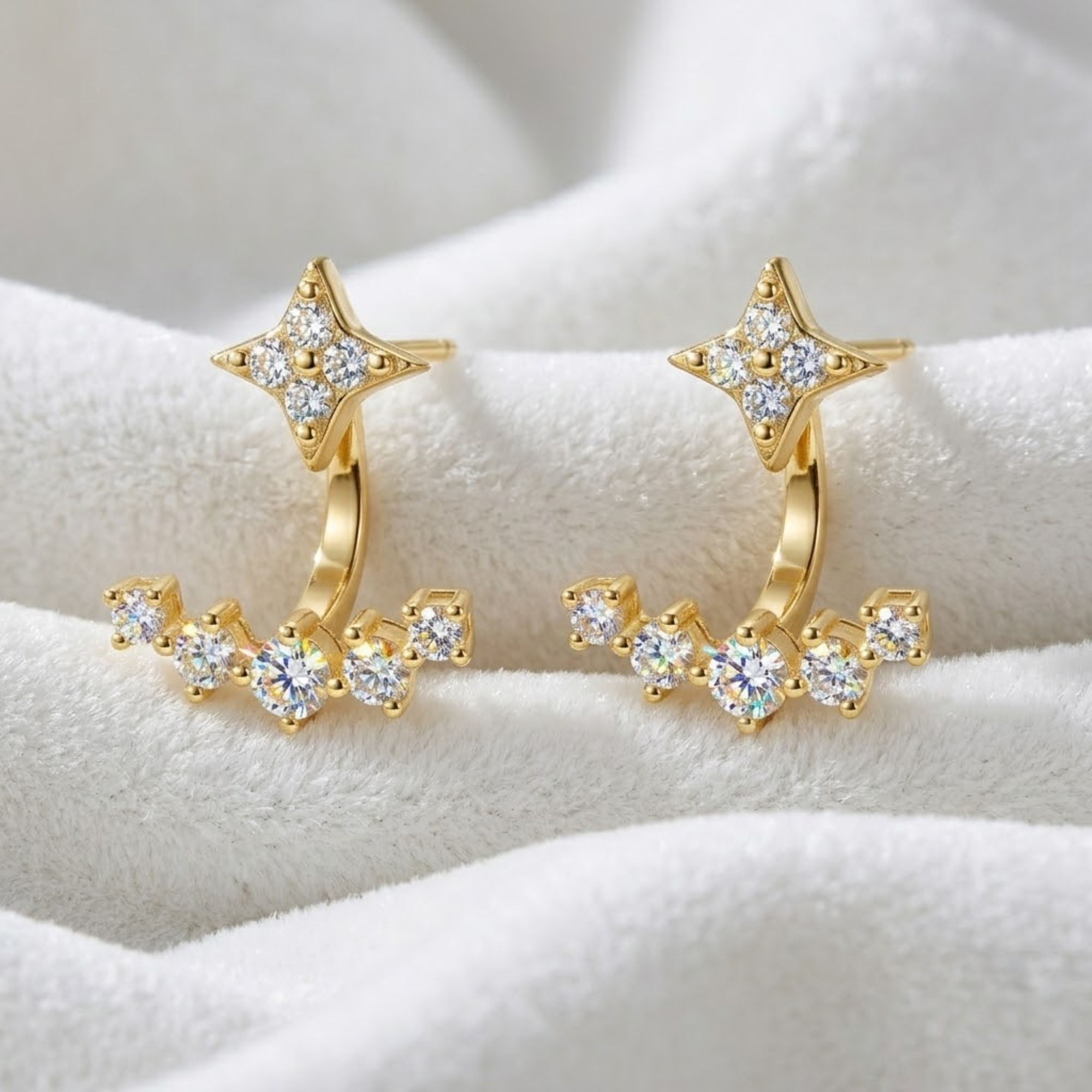 Diamond Star Jacket Earrings, 14K Solid Gold Celestial Studs