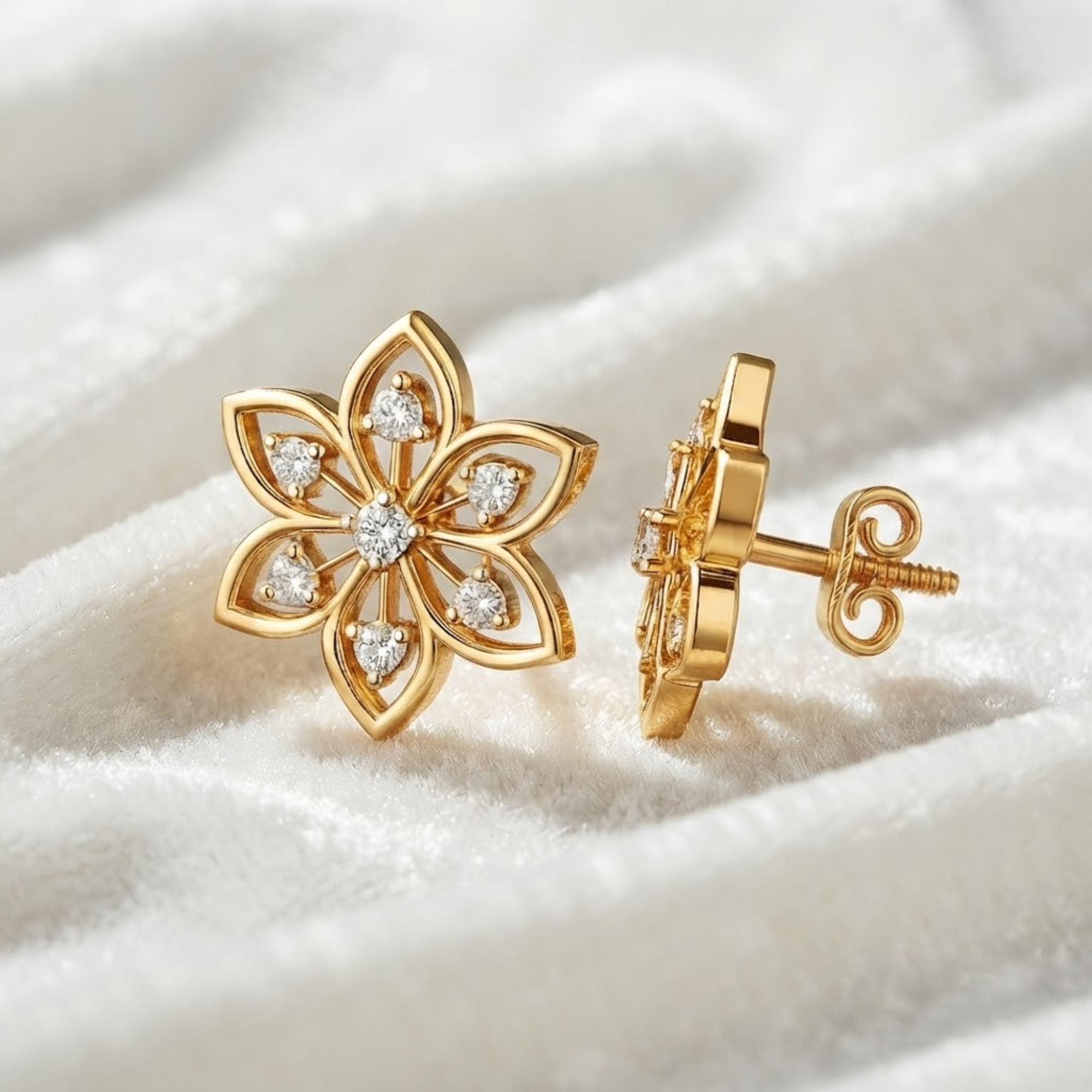 Diamond Flower Stud Earrings, Floral Earrings in 14K Solid Gold
