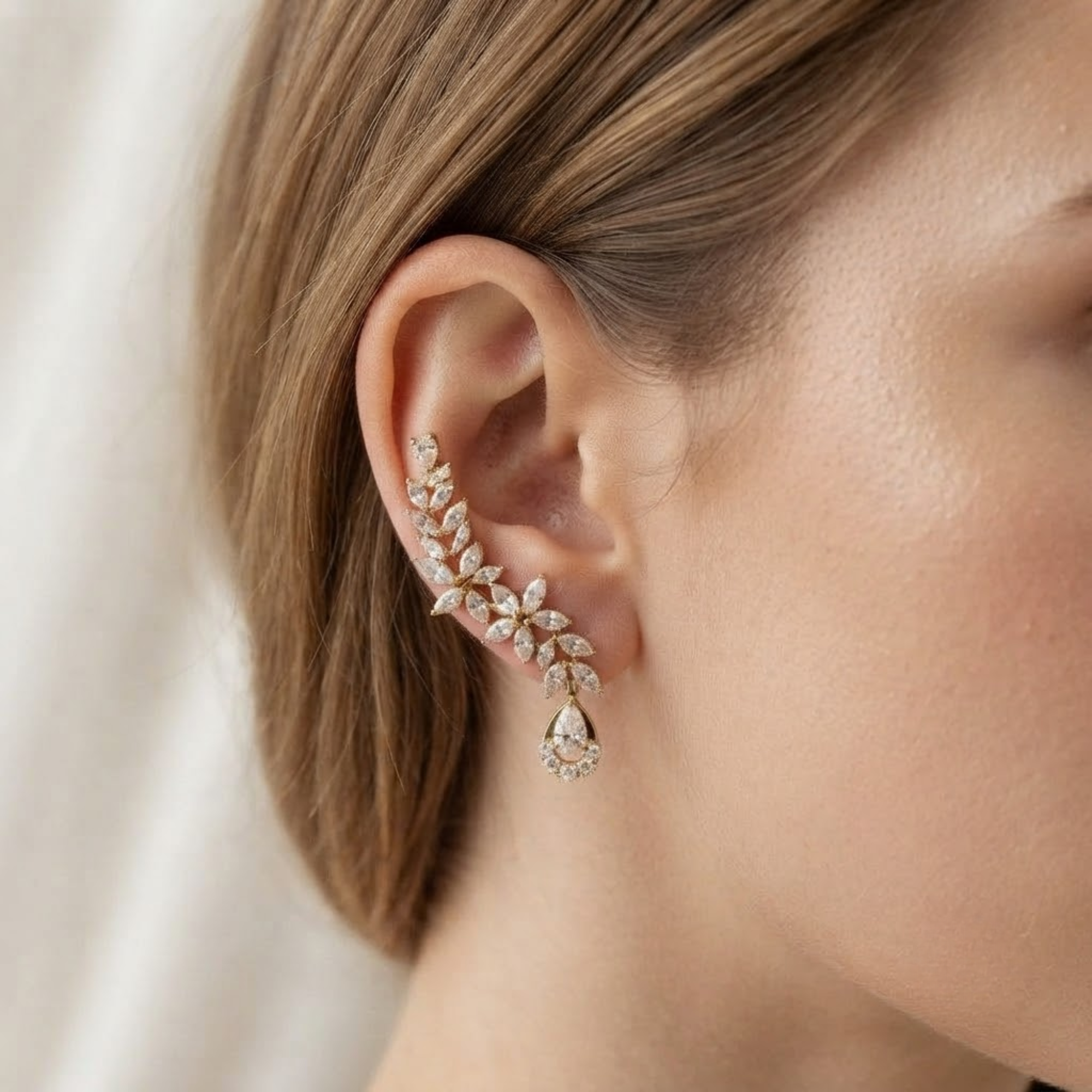 Marquise Pear Diamond Drop Earrings, 14K Solid Gold Leaf Earrings