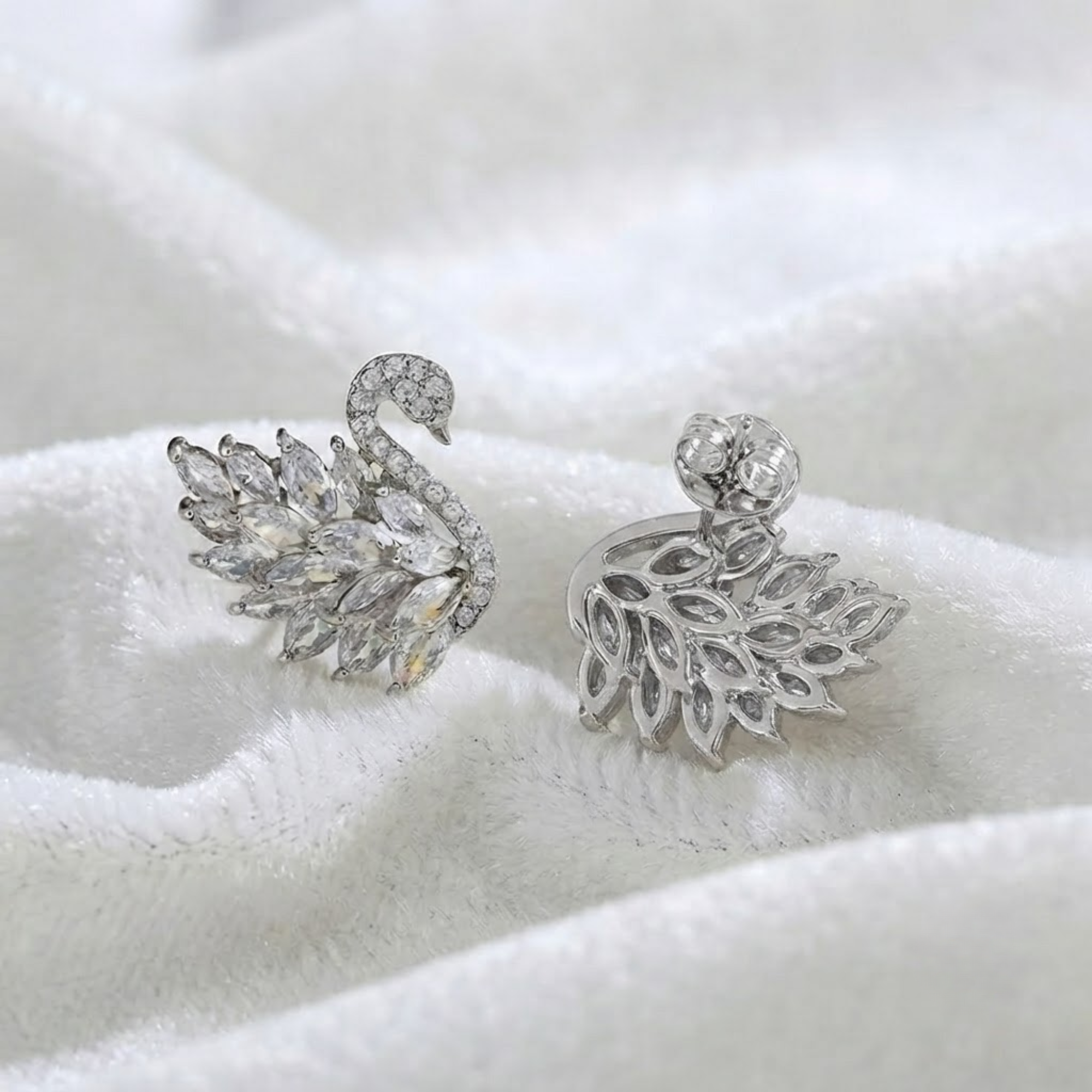 Marquise Diamond Swan Stud Earrings, 14K Solid Gold Statement Earrings