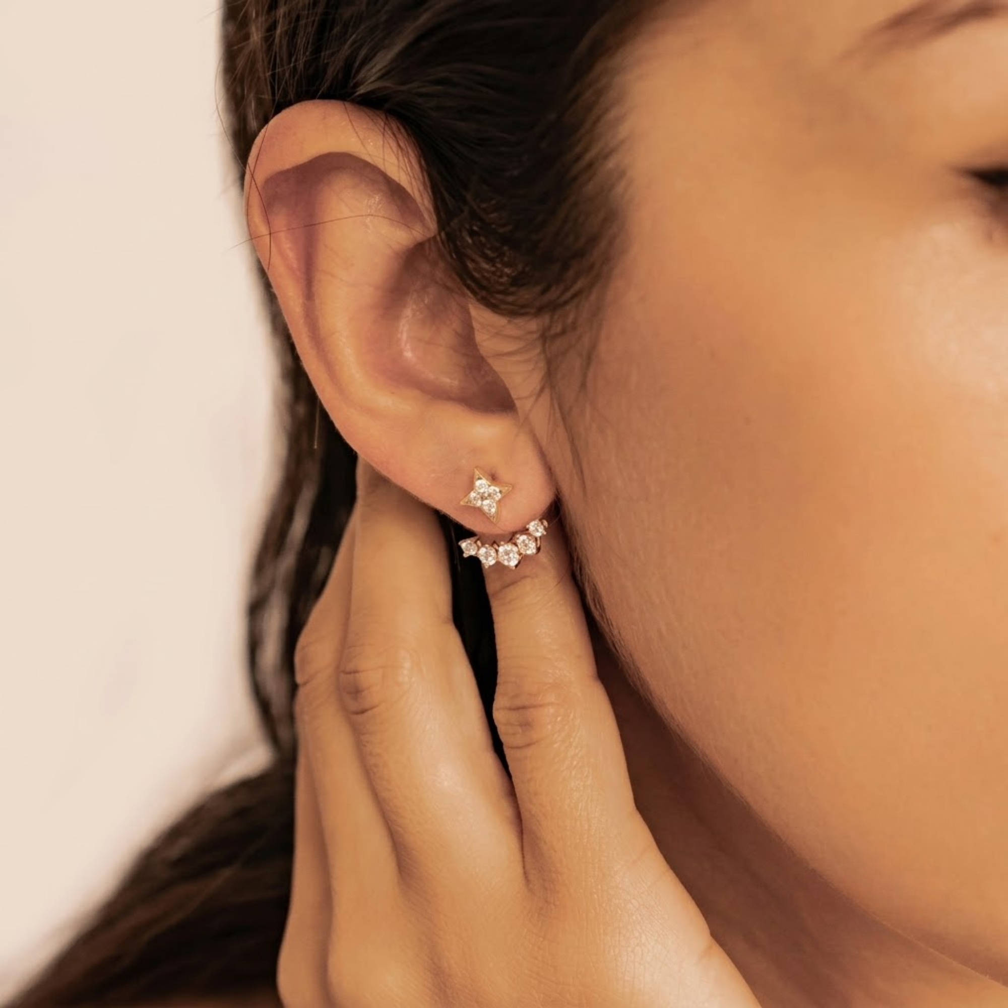 Diamond Star Jacket Earrings, 14K Solid Gold Celestial Studs