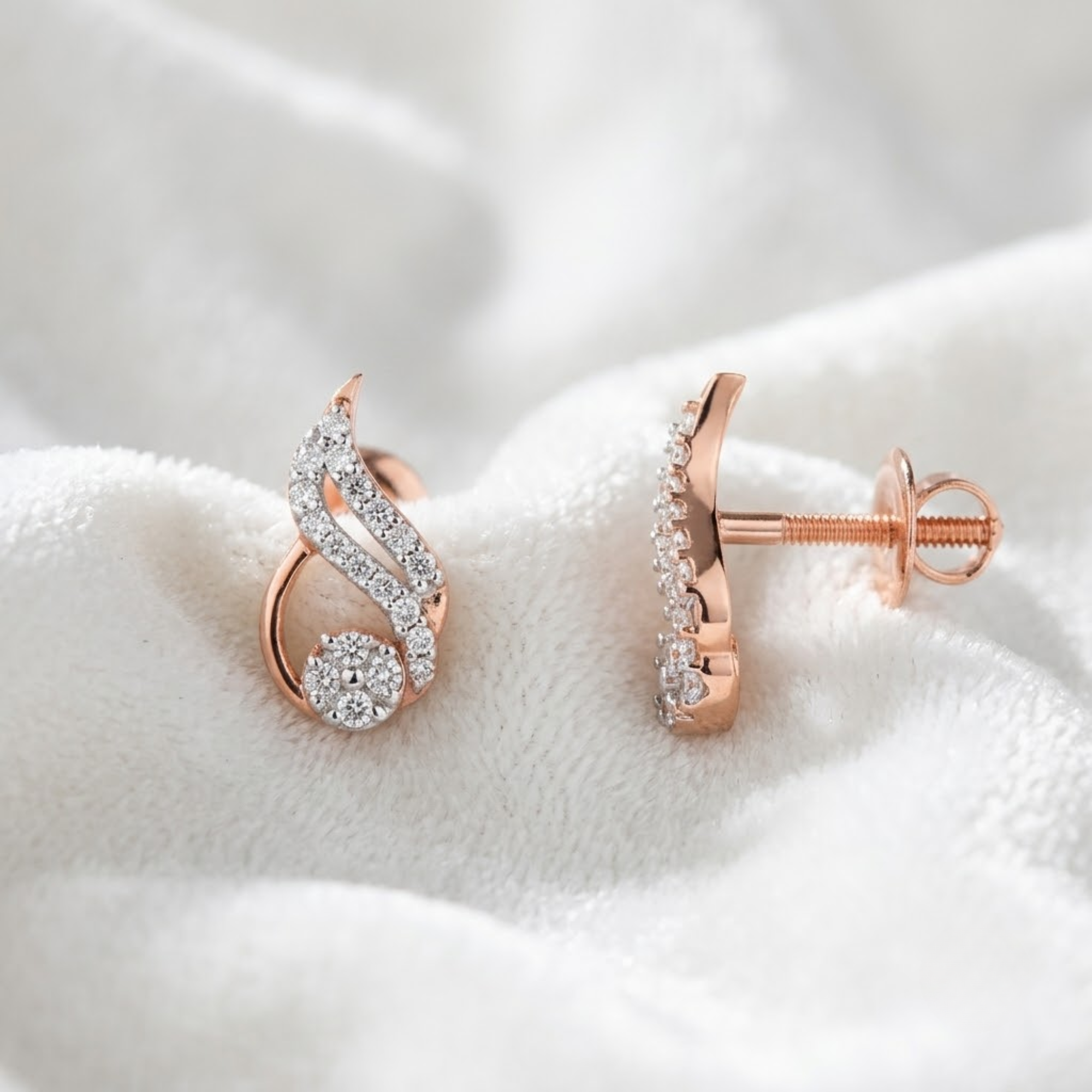 Diamond Leaf Stud Earrings, Swirl Earrings in 14K Solid Gold