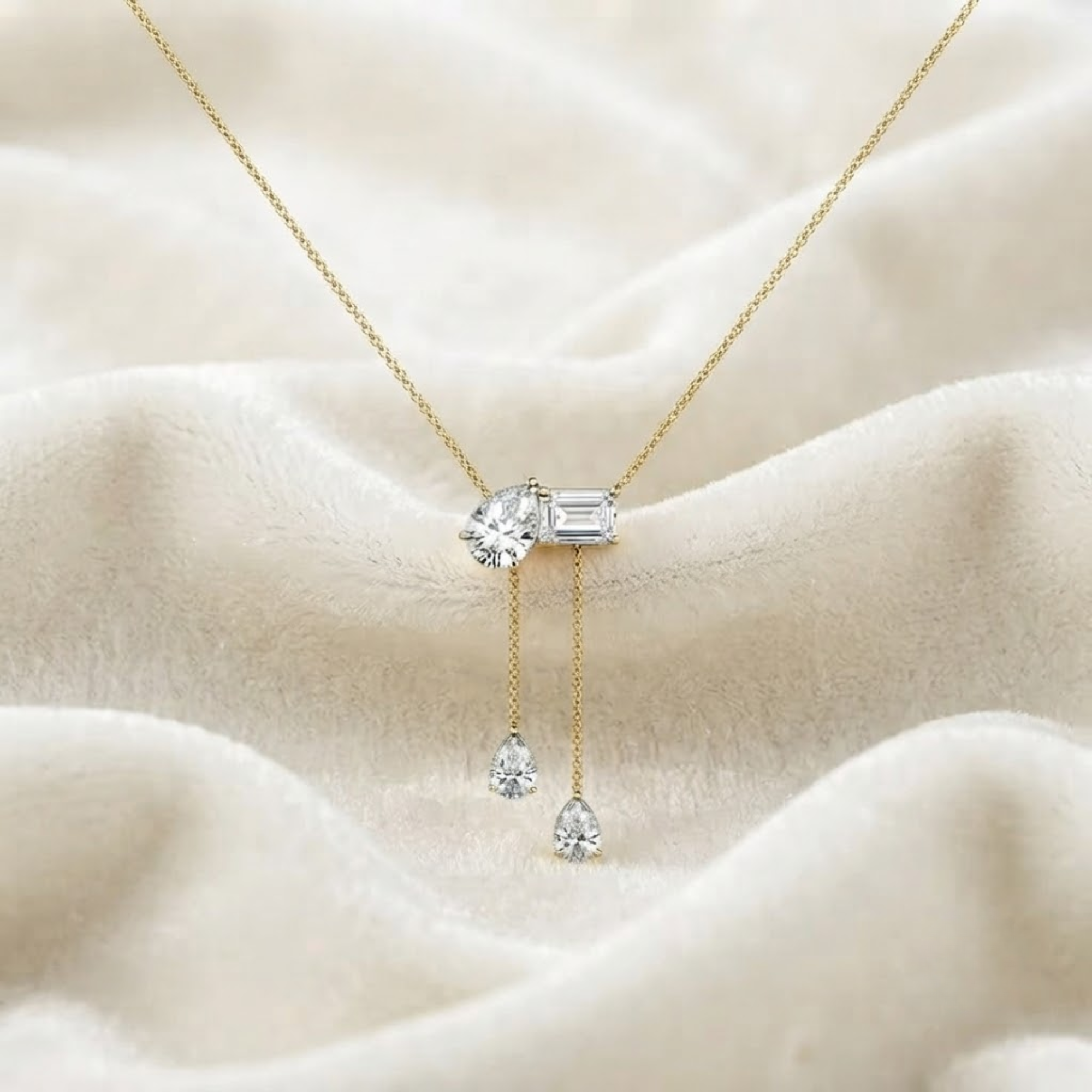 Pear & Emerald Cut Diamond Drop Necklace in 14K Solid Gold