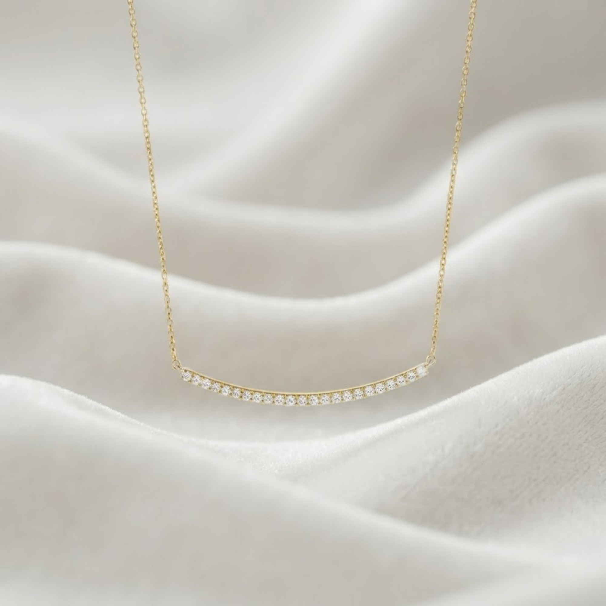 Diamond Curved Bar Necklace, 14K Solid Gold Minimalist Diamond Necklace