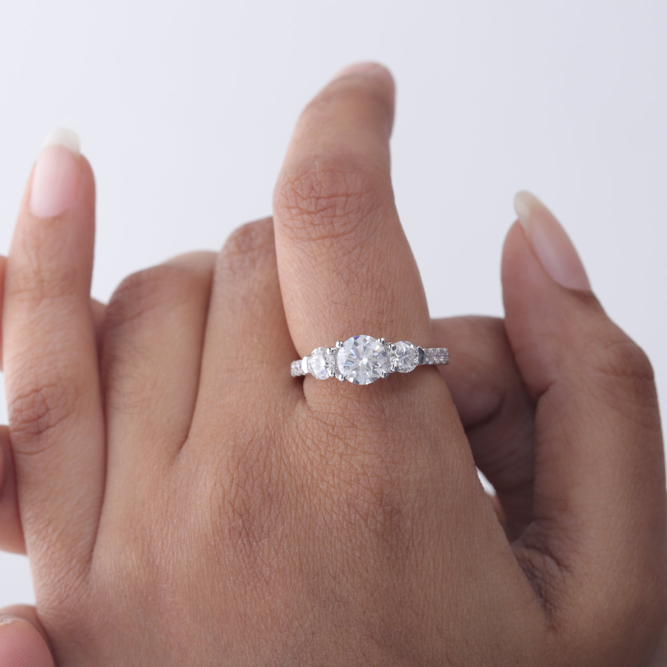 14K Gold Round Cut Three Stone with Pave Shank Engagement Ring