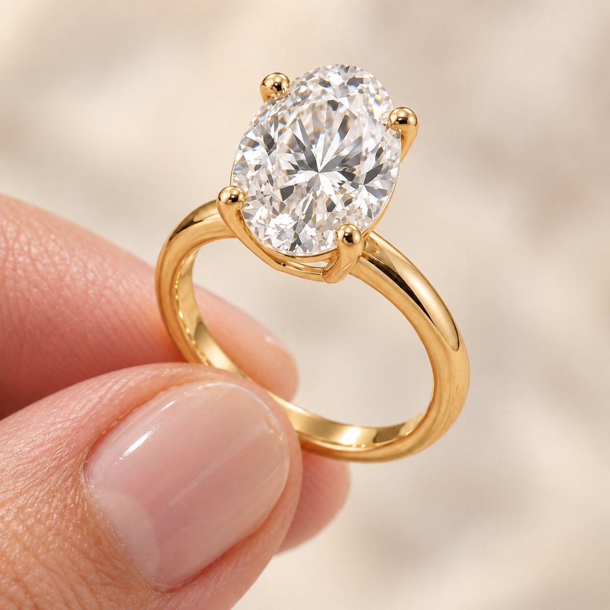 AI-generated detail view of the 2 ct oval yellow gold solitaire ring held between fingertips.