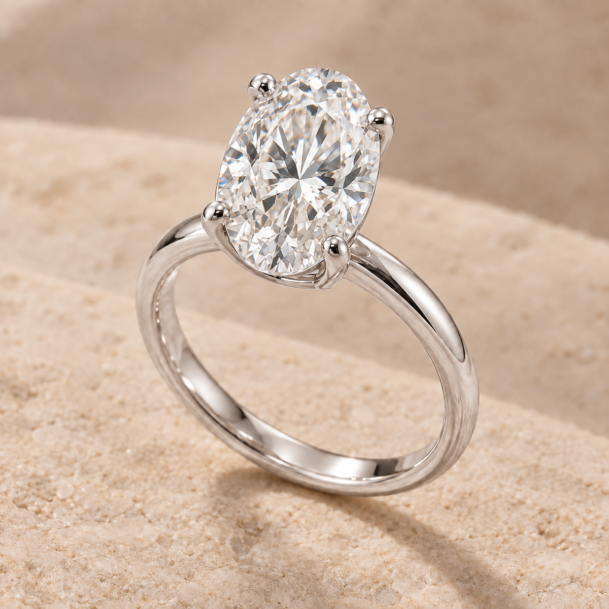AI-generated preview of a 2 ct oval lab-grown diamond solitaire ring in 14K white gold on an ivory stone surface.