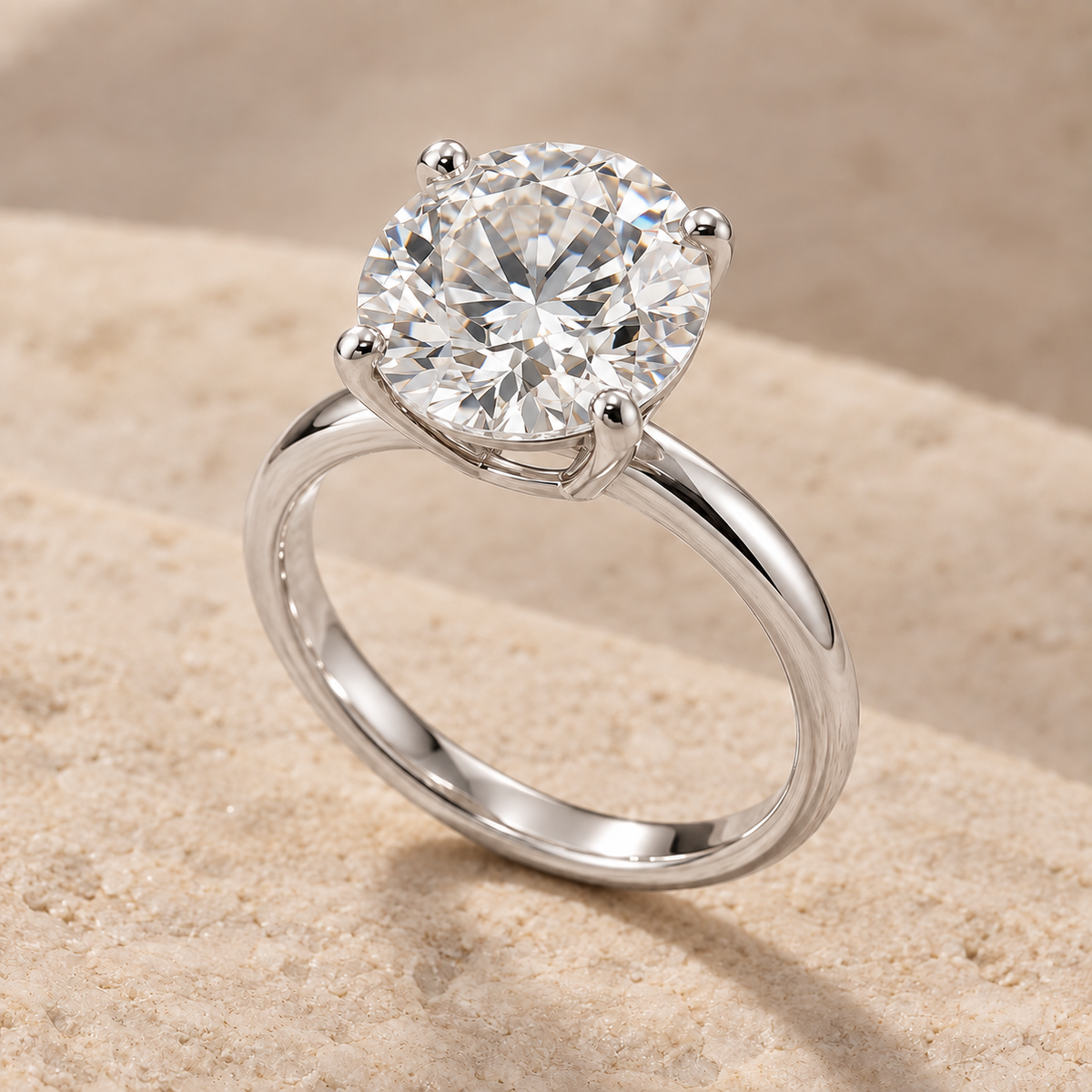 AI-generated preview of a 2 ct round lab-grown diamond solitaire ring in 14K white gold on an ivory stone surface.
