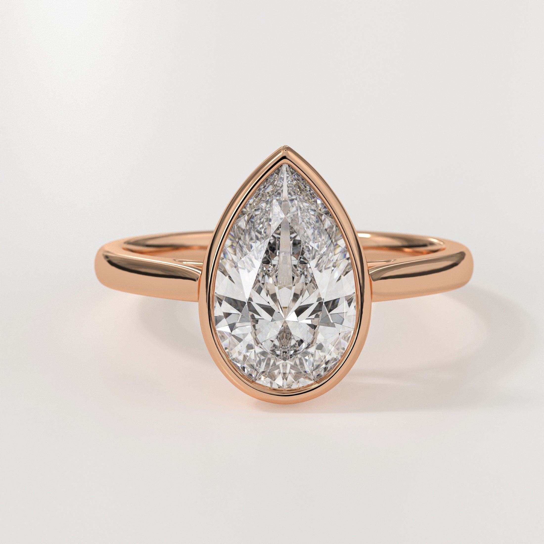 14K Gold 4.00ct Pear Cut Ring Bezel Setting Solitaire Engagement Ring