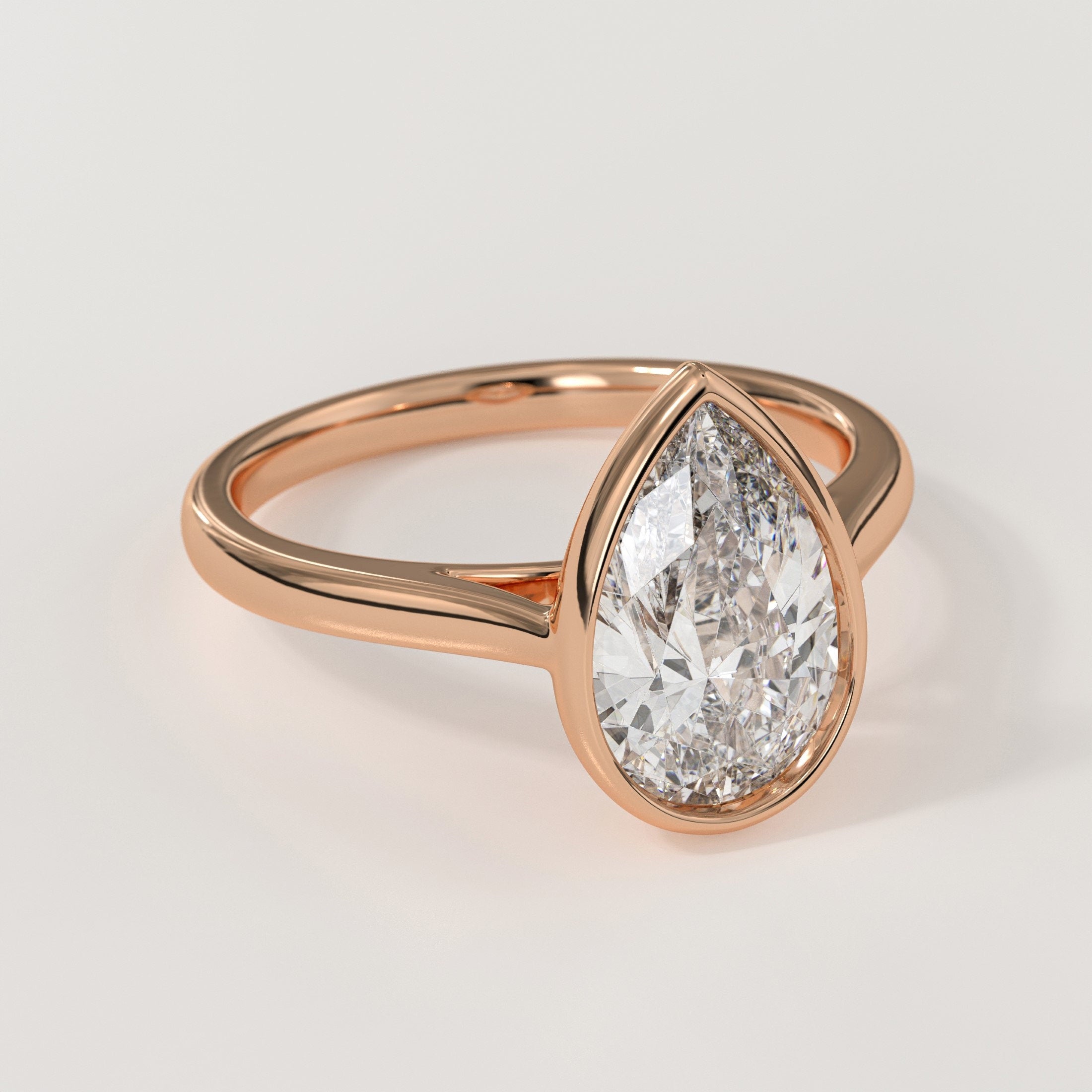 14K Gold 4.00ct Pear Cut Ring Bezel Setting Solitaire Engagement Ring