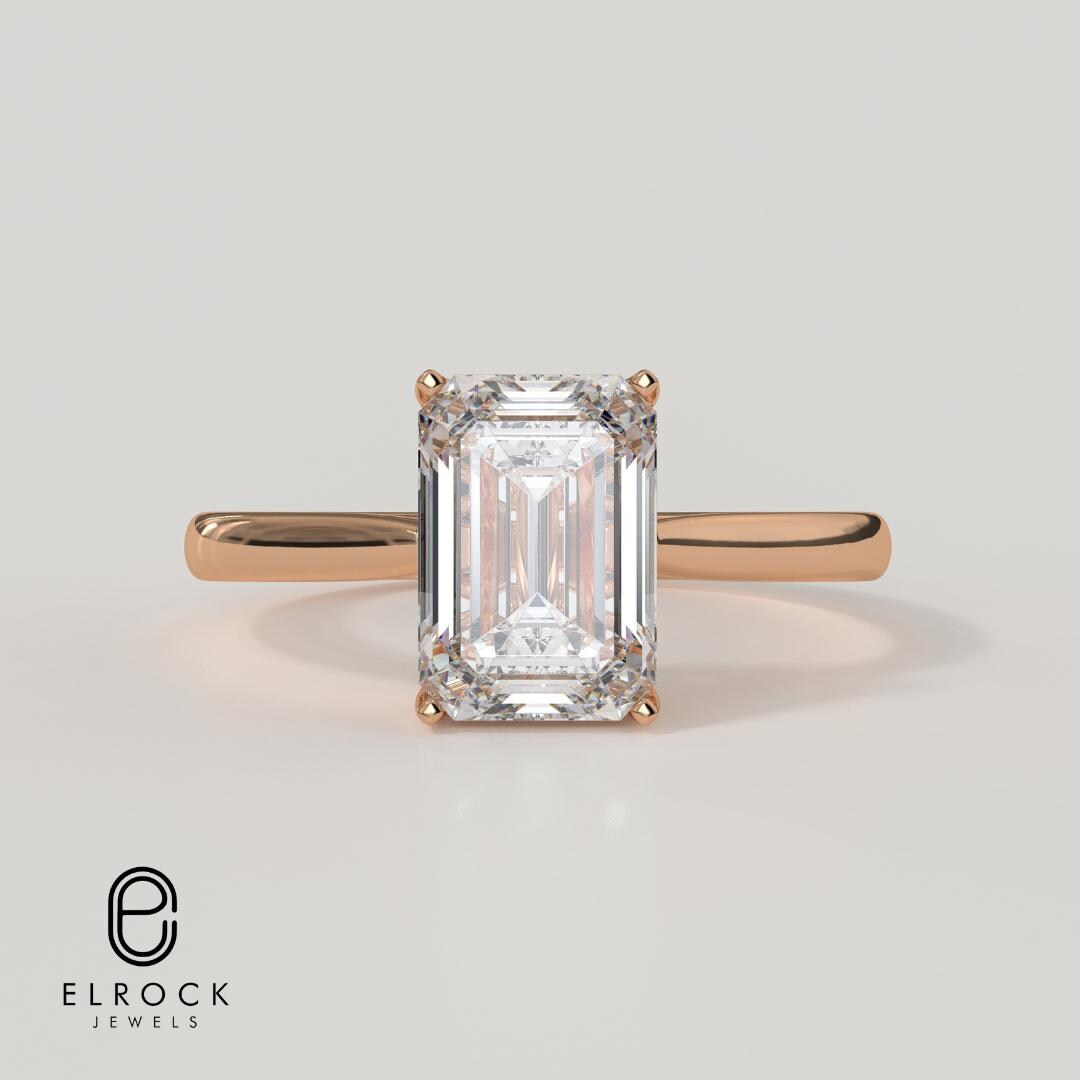 14K Gold 4 Cara Emerald Cut Diamond Solitaire Engagement Ring