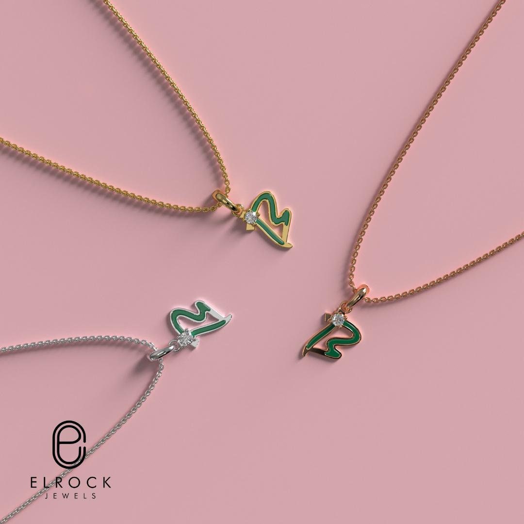 Green Enamel Letter Charms, "B" Diamond Letter Pendant