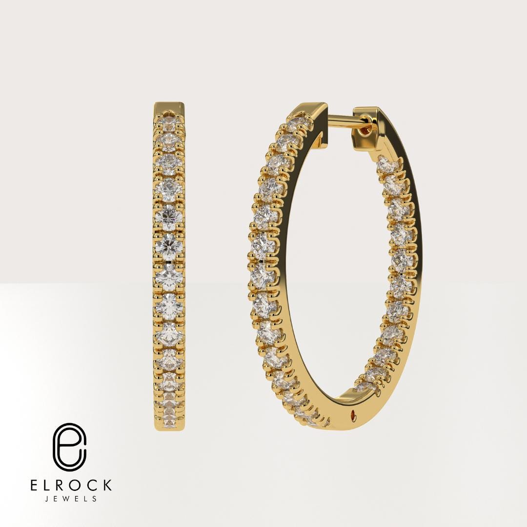 Diamond Hoop Earrings 14K Gold Huggies Gift for Her