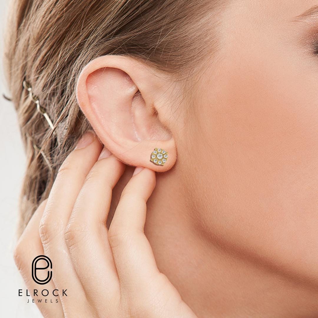 14K Solid Gold Round Cluster Diamond Stud Earrings