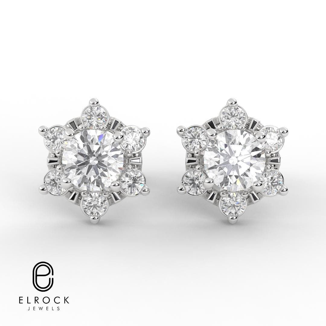 14K Solid Gold Lab Grown Diamond Halo Earrings