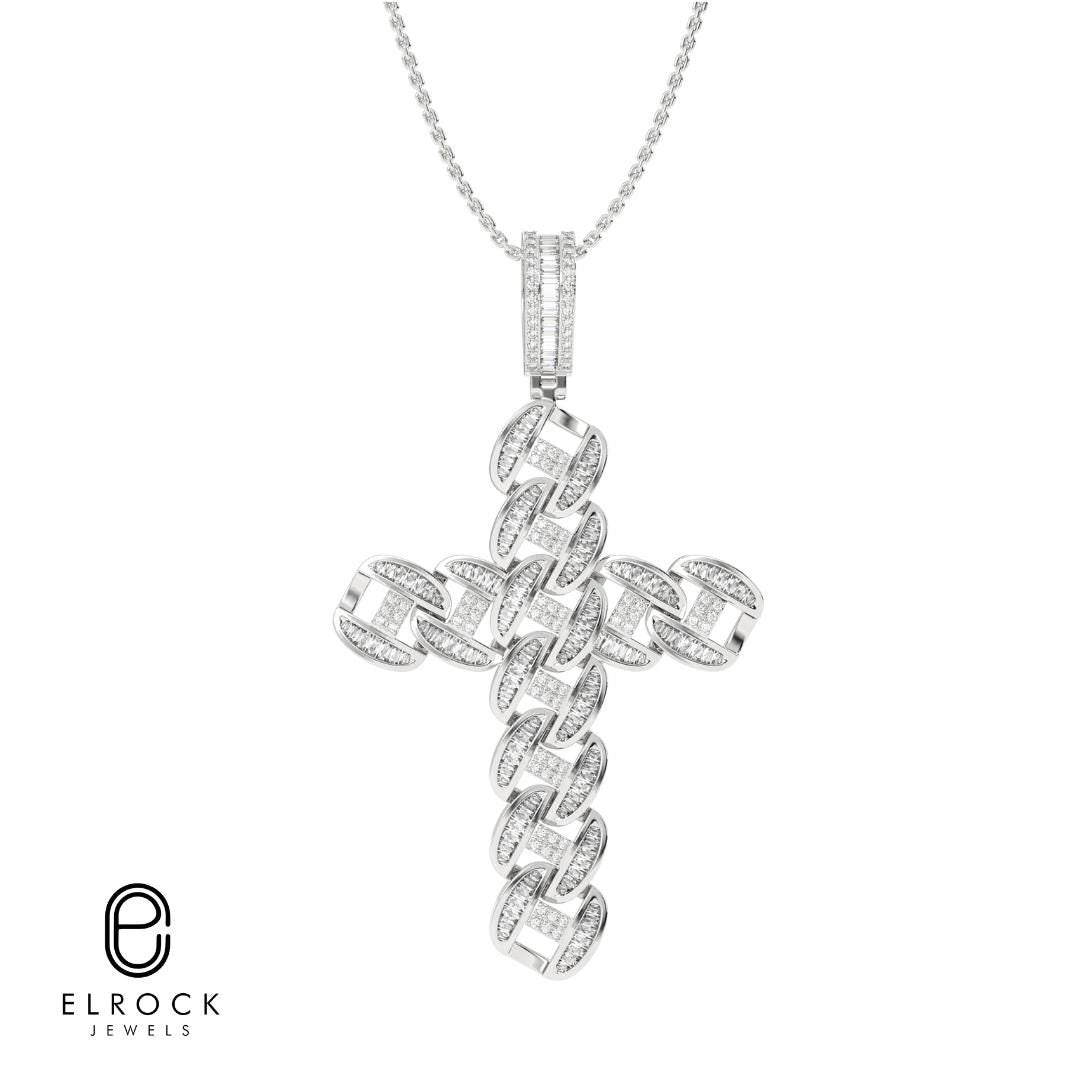 14K Lab Grown Diamond Cuban link cross pendant, Iced out diamond cross for women