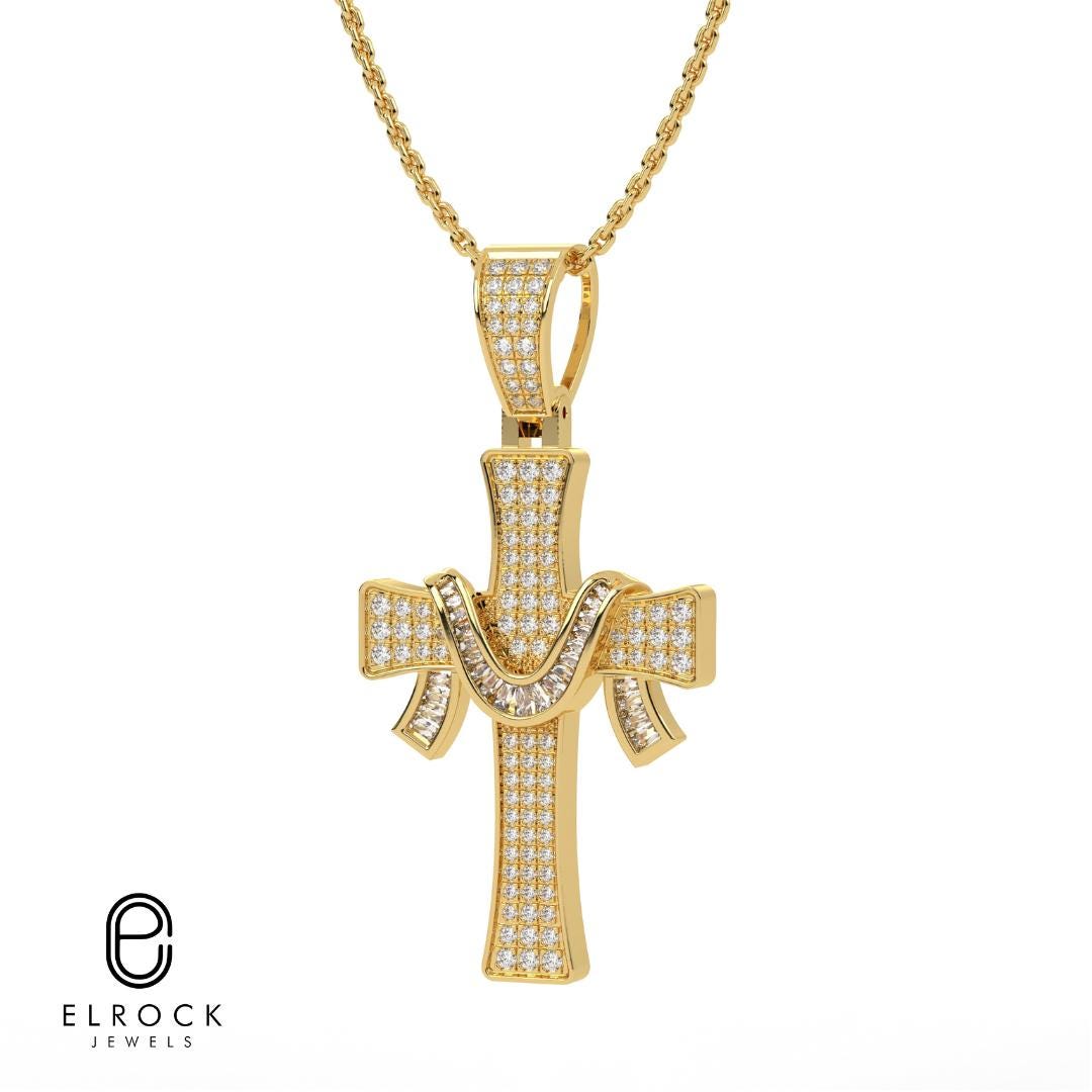 14K Round Cut Lab Grown Diamond Cross Look Stone Pendant, 14K Solid White Gold Pendant, CVD Diamond With Pendant, Anniversary Women Gift