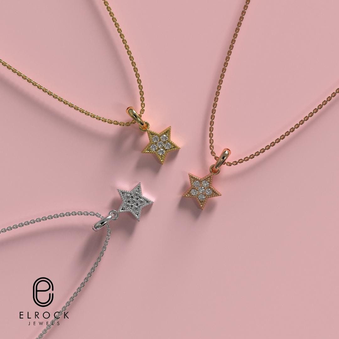 Diamond Star Pendant I 14k Yellow, White, Rose Solid Gold I Gift For Her