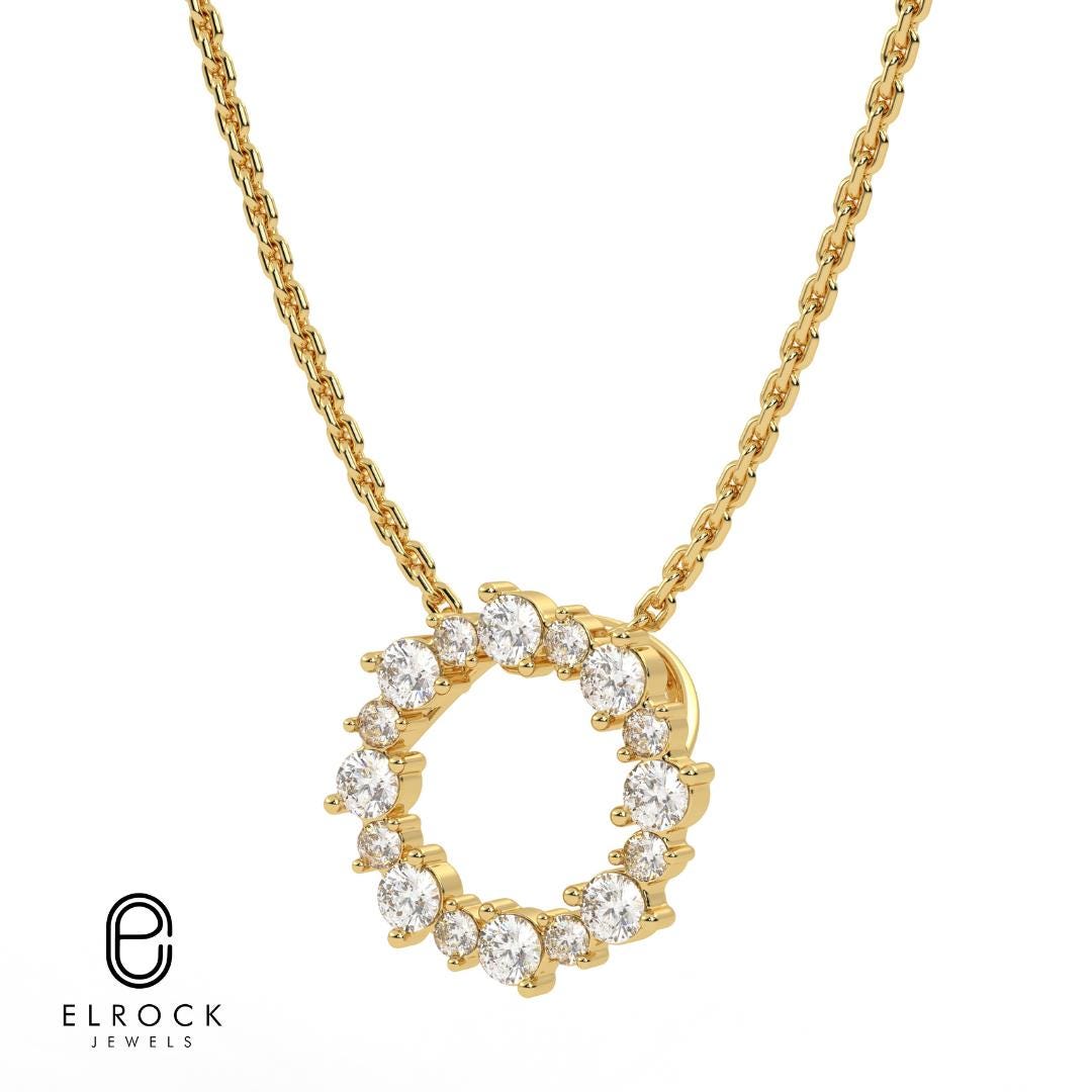 14K Solid Gold Circle Round Pendnat with Diamond, Pendant for Women, Gift for Her