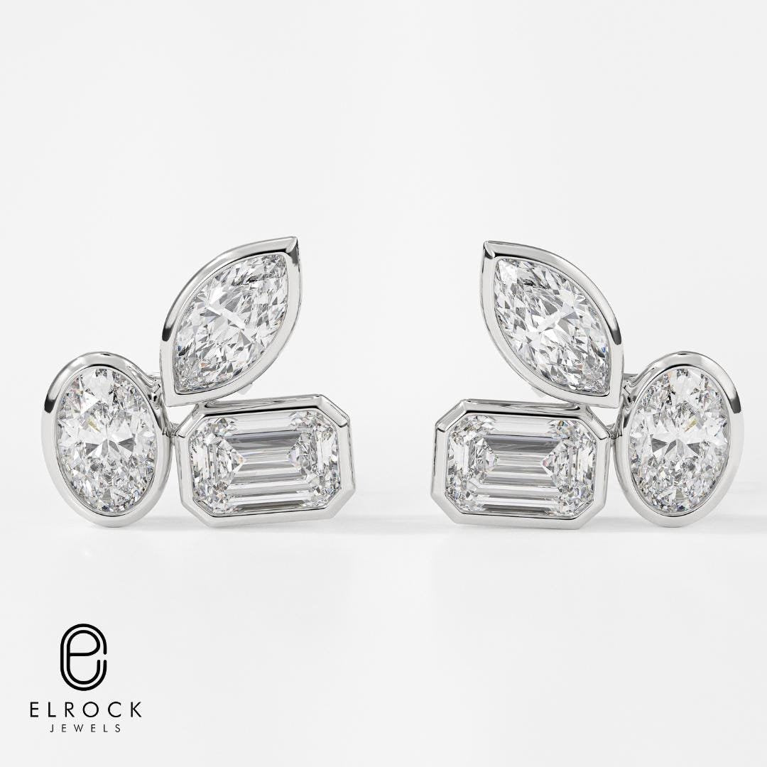 Gold Stud Earrings, Three Stone earring