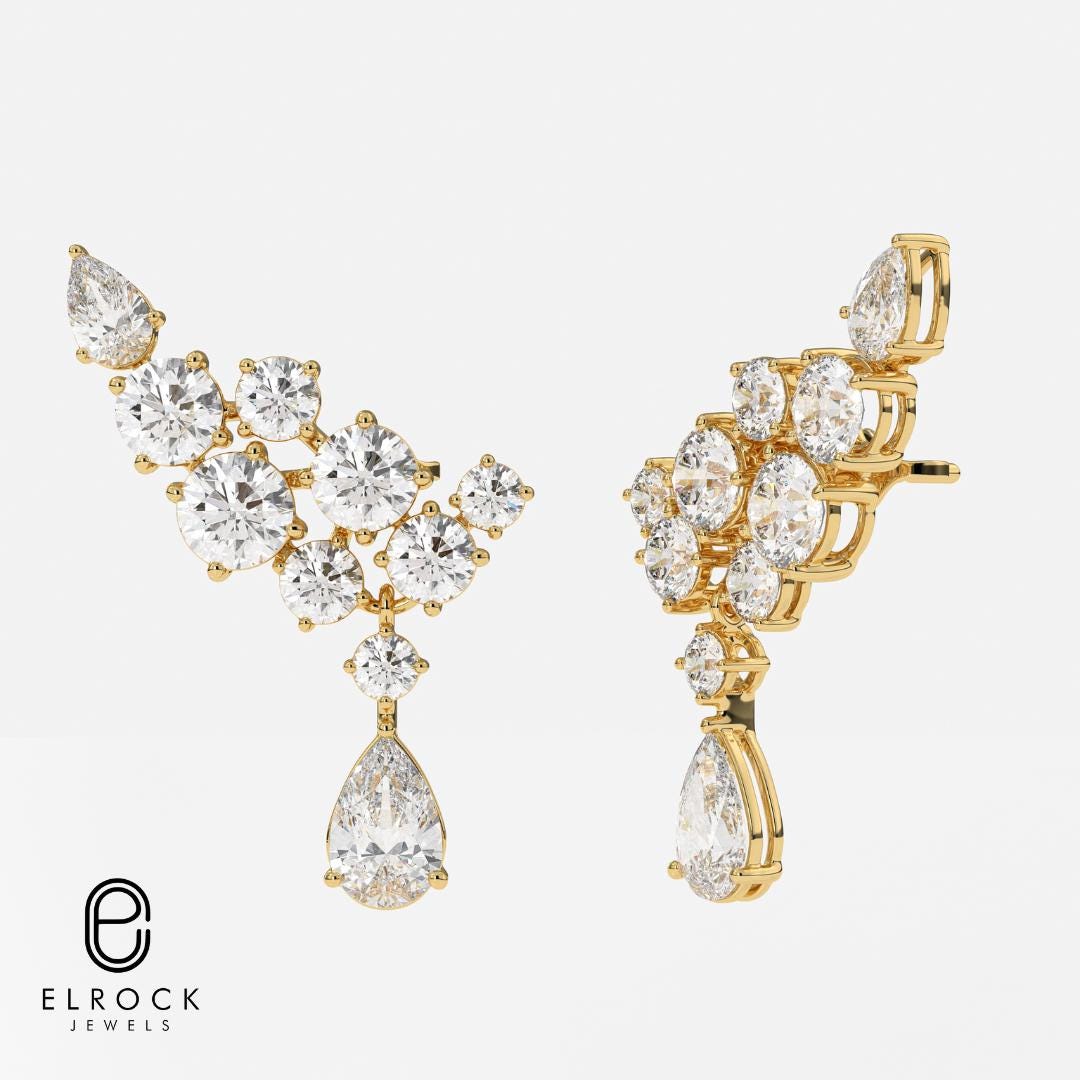 Pear & Round Cut Diamond Climber 14K Gold Stacking Earrings