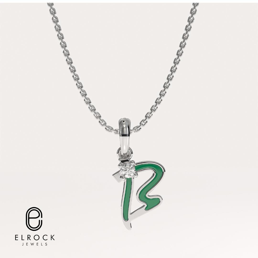 Green Enamel Letter Charms, "B" Diamond Letter Pendant