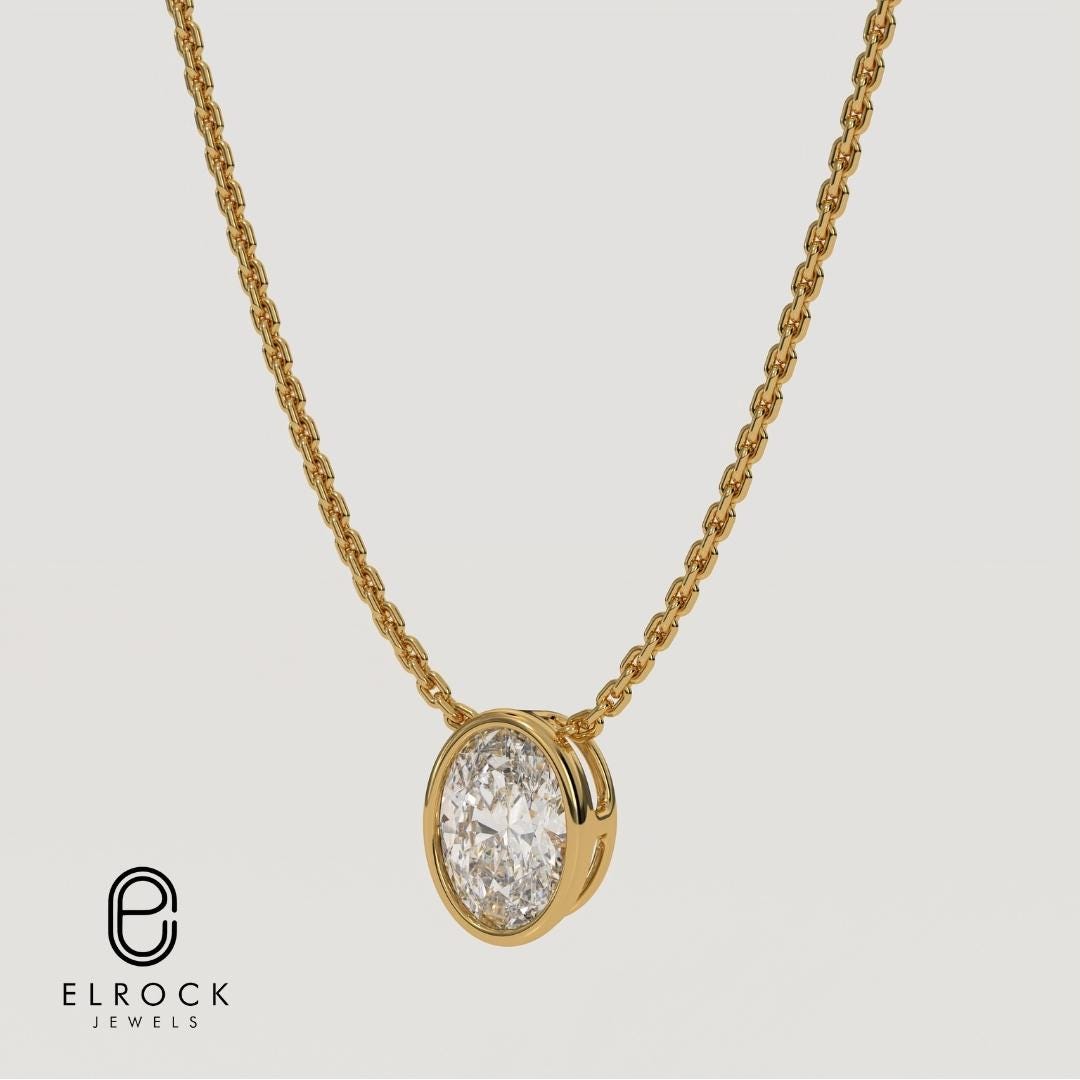 14K Oval Lab Grown Diamond Solitaire Bezel Set Diamond Gold Pendant, Wedding Gift For Bride, 14K White Gold Pendant