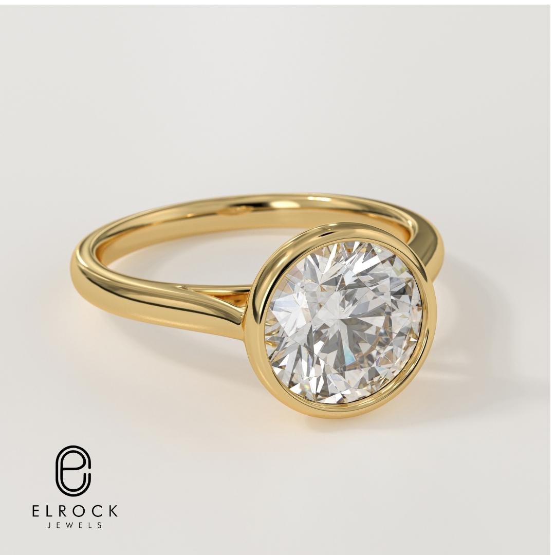 14K Solid Gold 2CT Lab Grown Diamond Bezel Engagement Ring