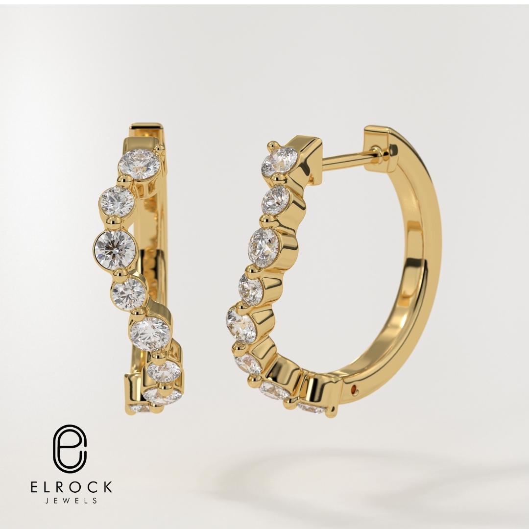 14K Solid Yellow Gold Lock Lab Created Diamond Hoop Earrings