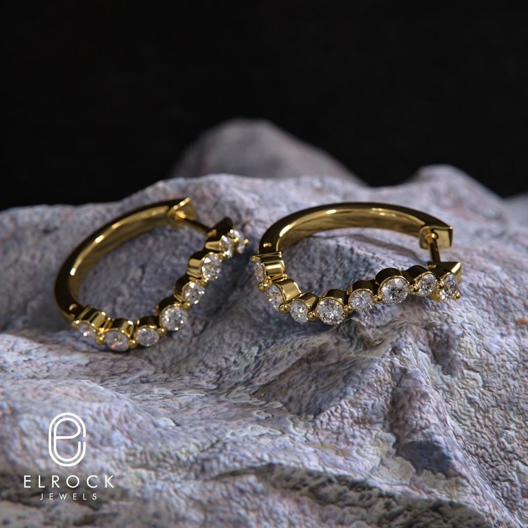 14K Solid Yellow Gold Lock Lab Created Diamond Hoop Earrings
