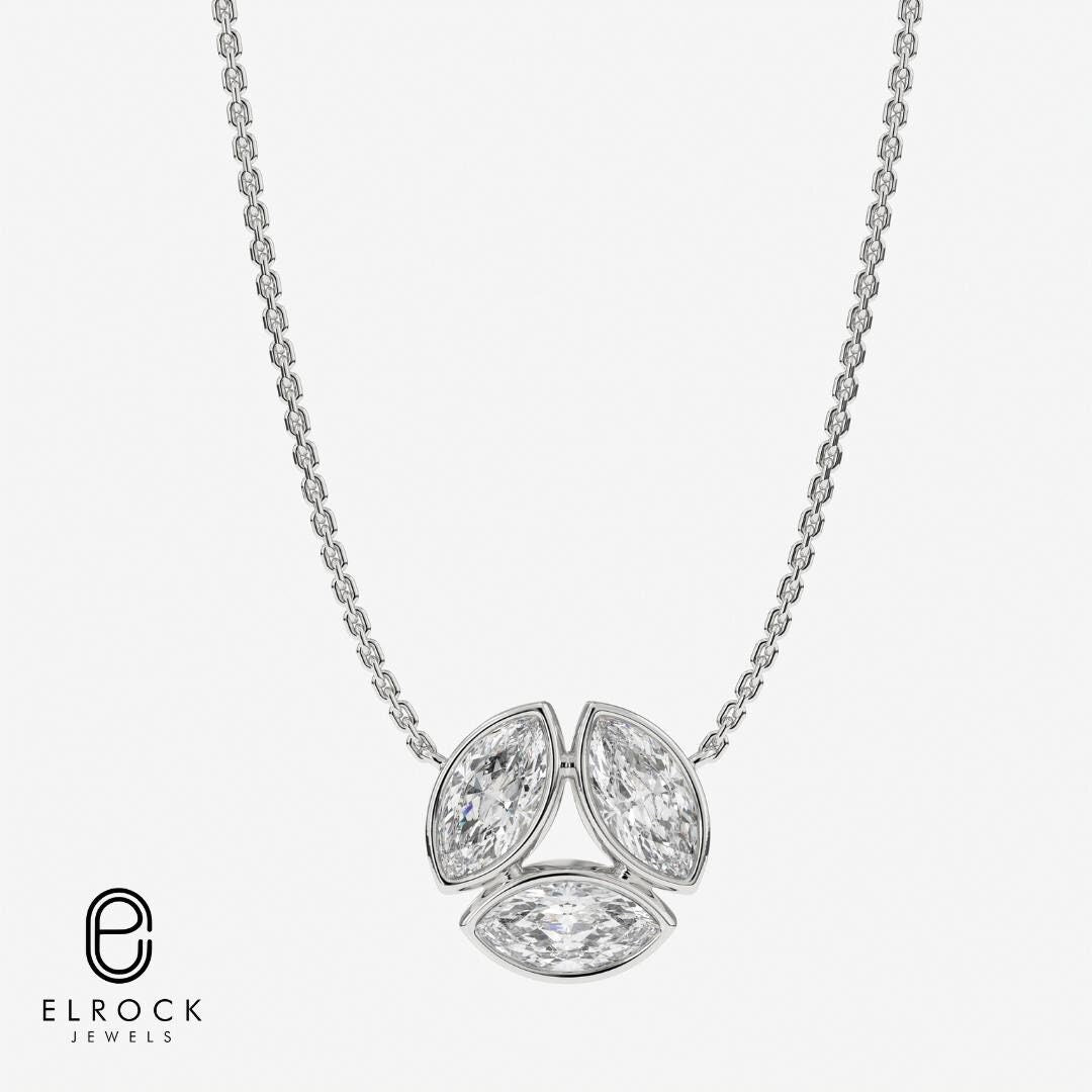 14K Solid Gold Three Marquise Cut Lab-Grown Diamond Necklace