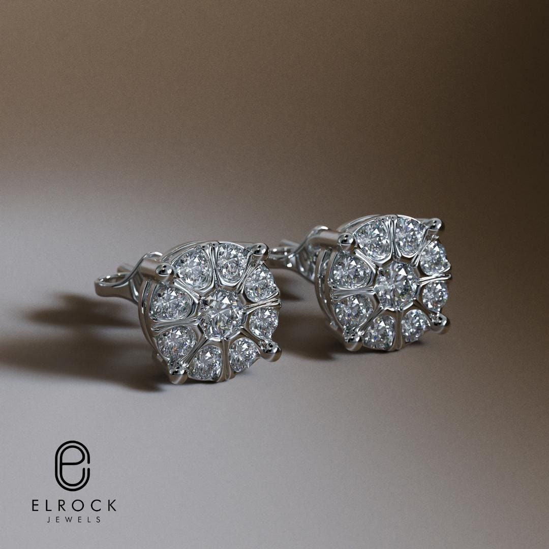 14K Solid Gold Round Cluster Diamond Stud Earrings