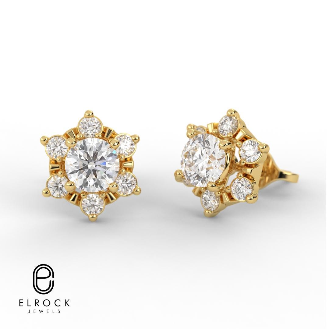 Lab Grown Halo Diamond Earrings 14K Solid Gold Round Cut Earrings Bridesmaid Earrings
