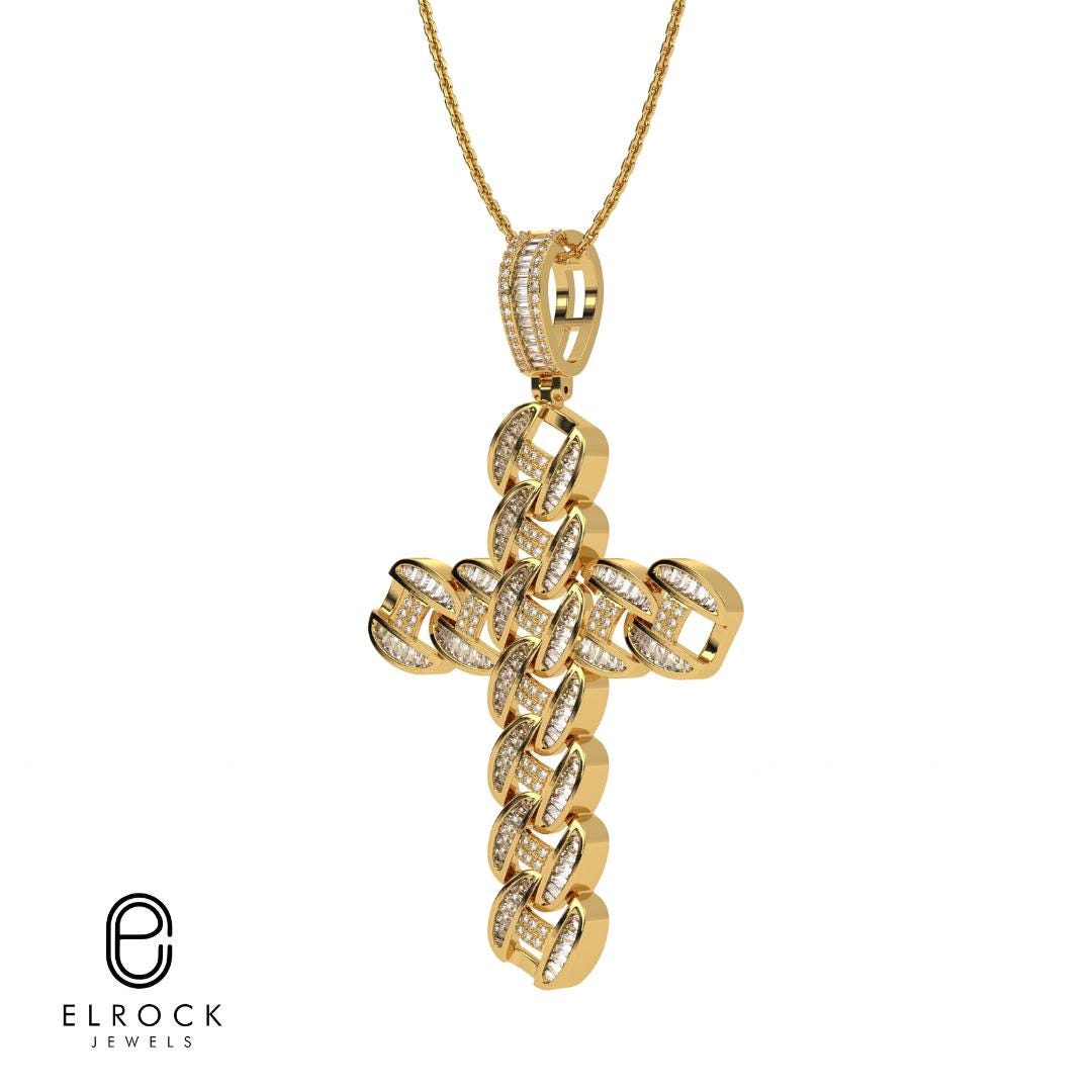 14K Lab Grown Diamond Cuban link cross pendant, Iced out diamond cross for women