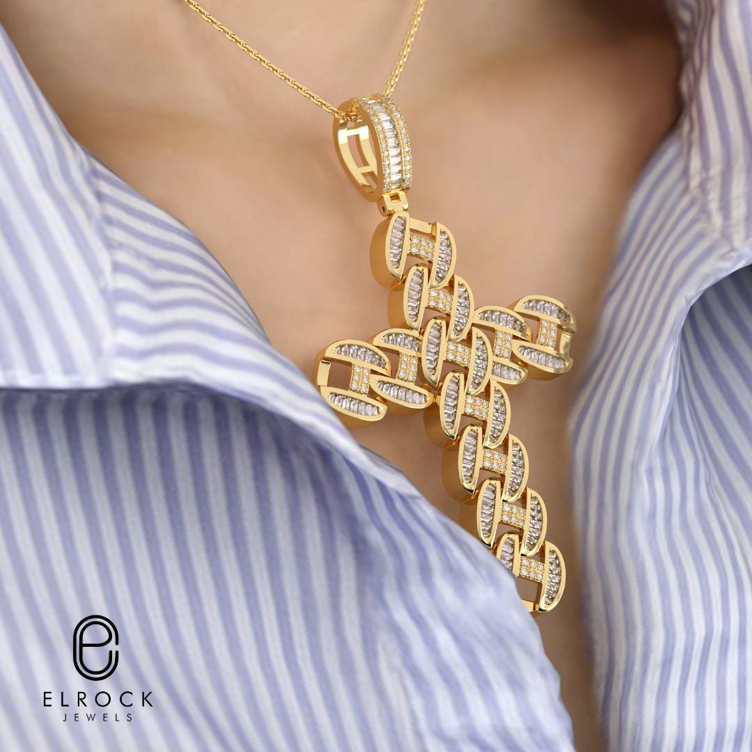 14K Lab Grown Diamond Cuban link cross pendant, Iced out diamond cross for women