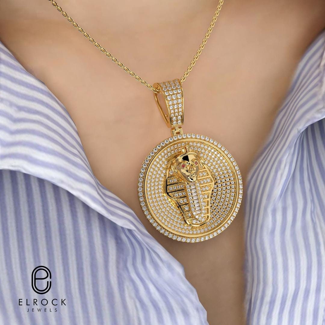 14K Solid Gold Lab Diamond Pharaoh Pendant for Men