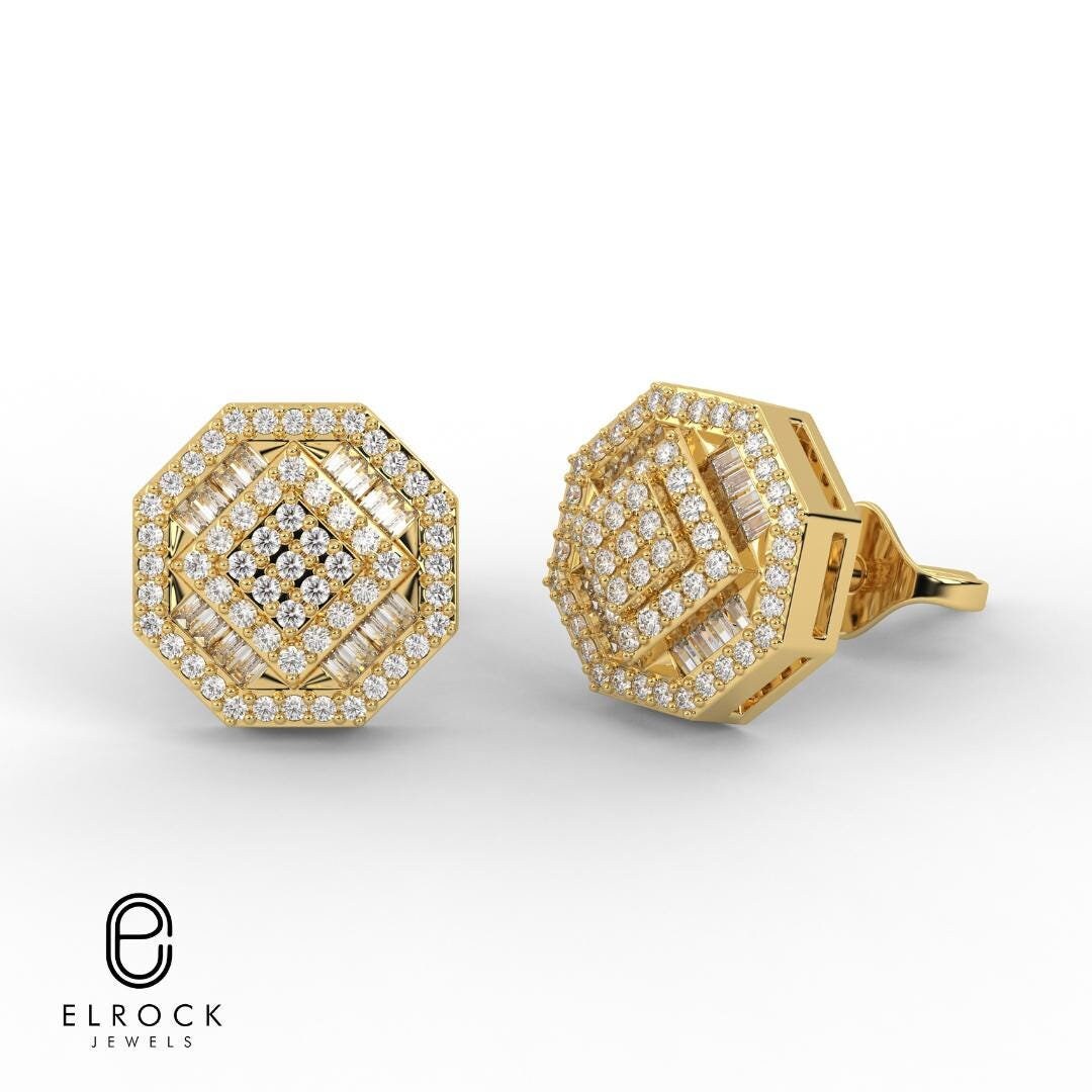 14K Baguette and Round Top Grade Diamond Bridal Earrings