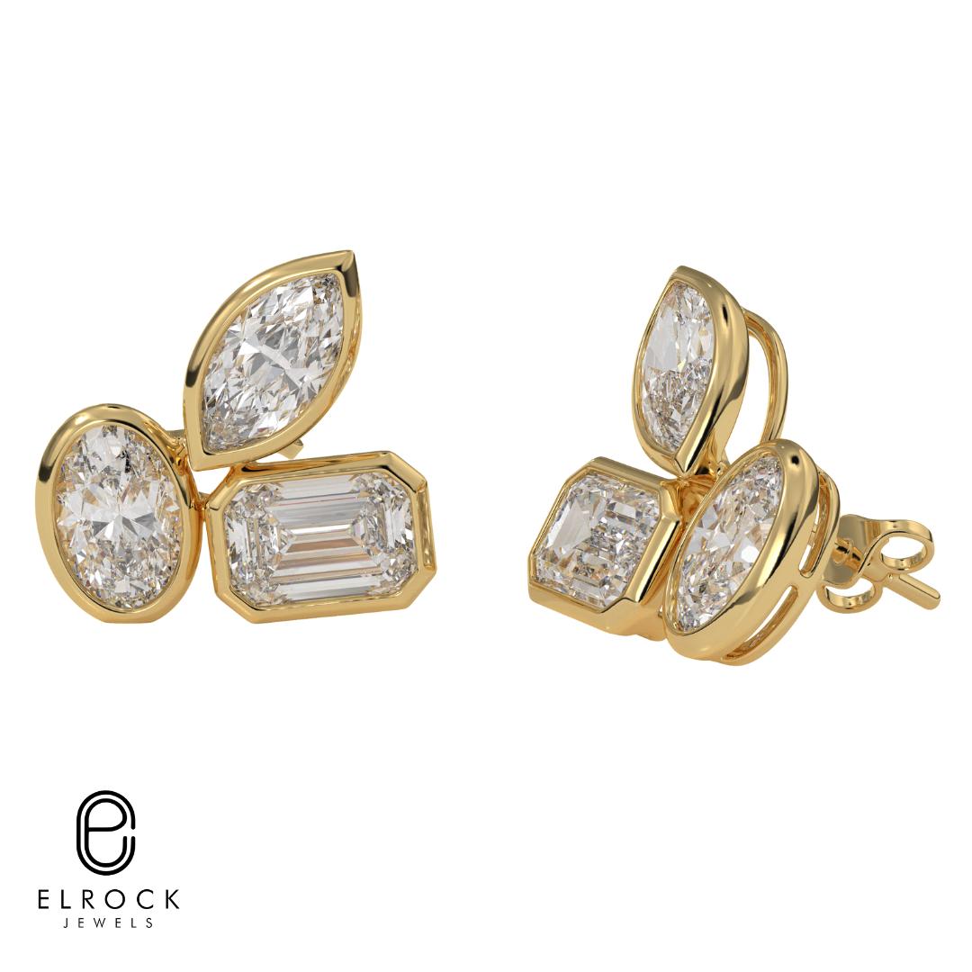Gold Stud Earrings, Three Stone earring