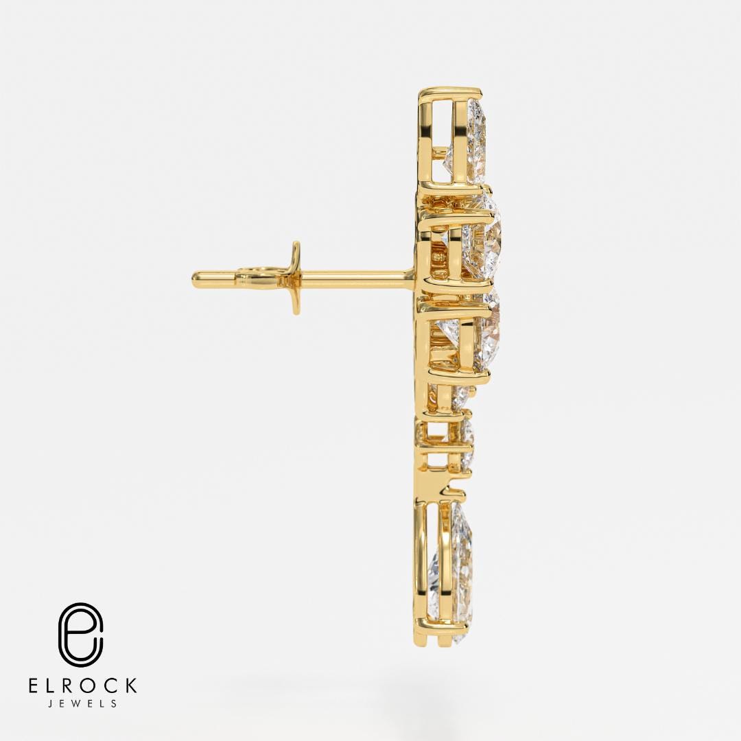 Pear & Round Cut Diamond Climber 14K Gold Stacking Earrings