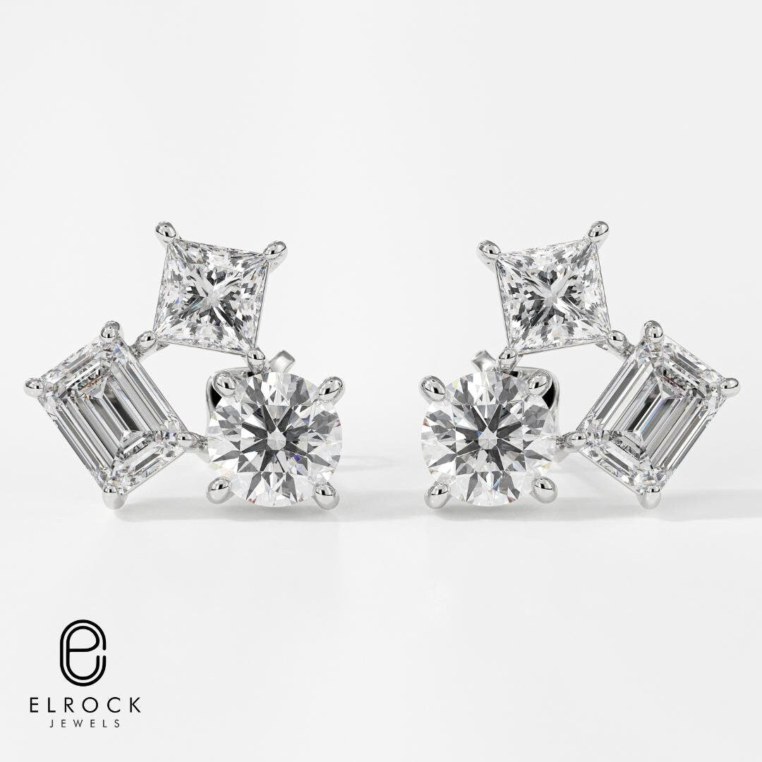 14K Gold Trio Cluster Stud Earrings