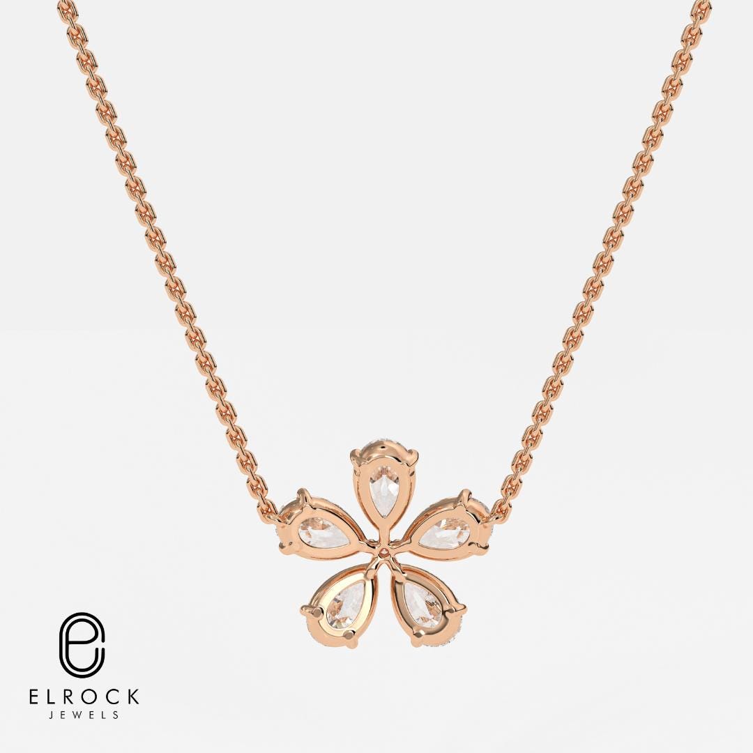 14K Gold Pear Shape Lab Grown Diamond Flower Shape Pendant
