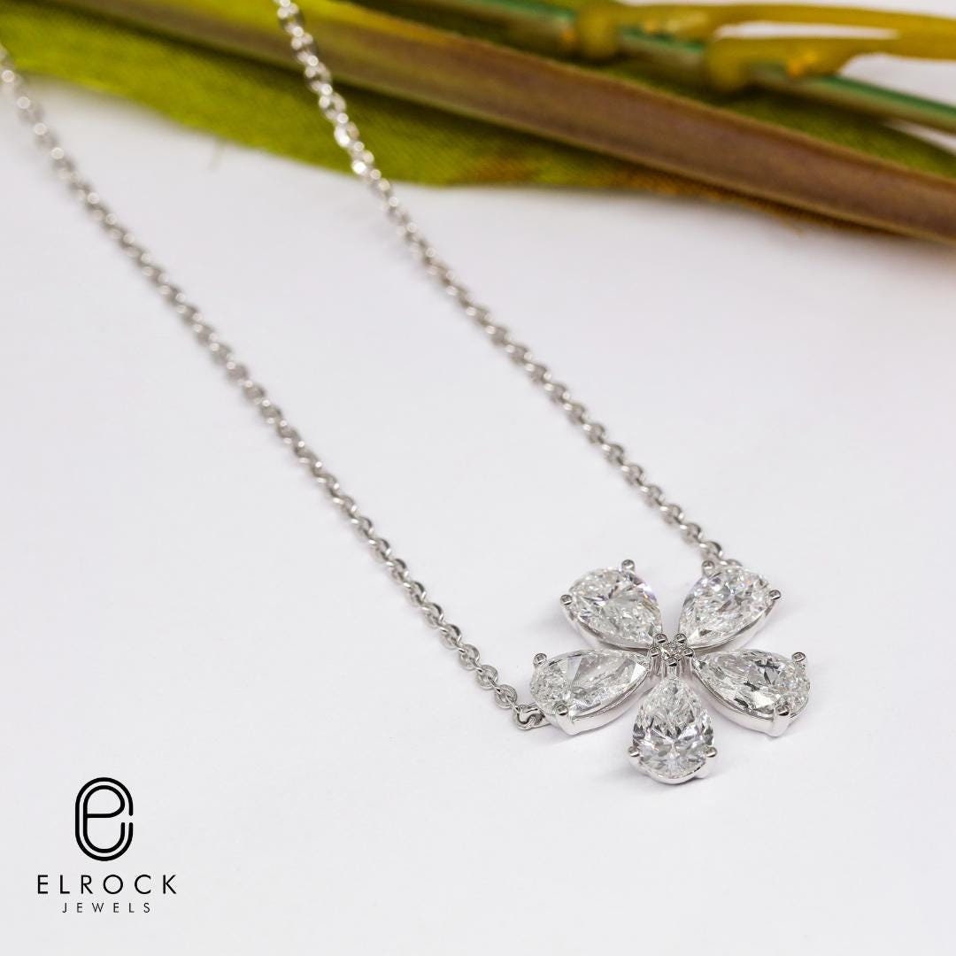 14K Gold Pear Shape Lab Grown Diamond Flower Shape Pendant